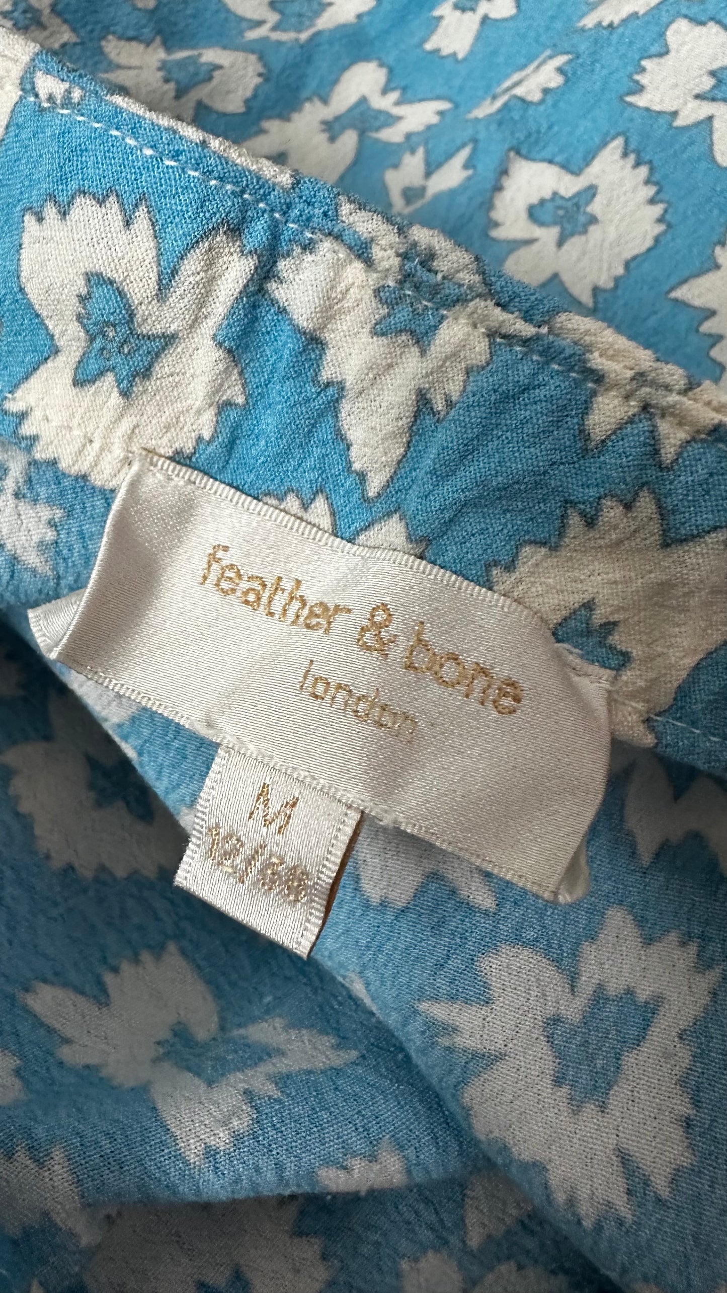 Feather & bone light blue white floral midi long skirt medium UK 12 vgc