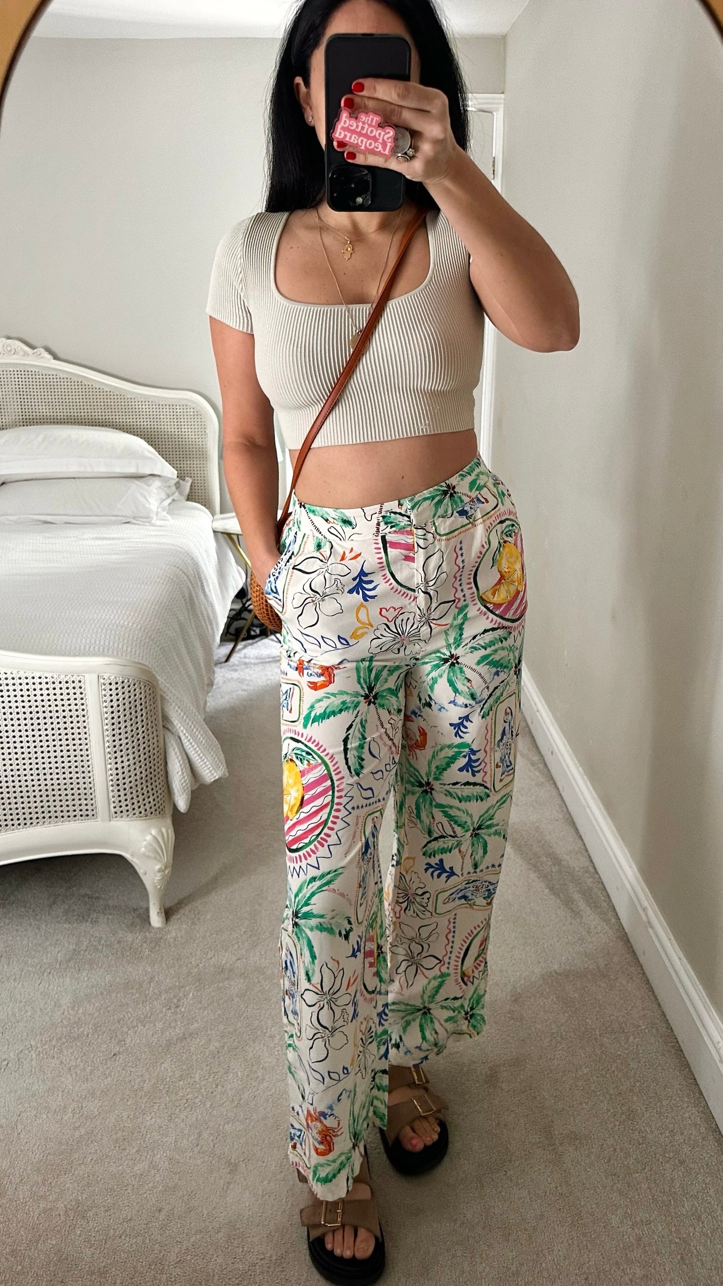 Oliver bonas white green holiday print wide leg drawstring trousers Small S UK 8 excellent used condition