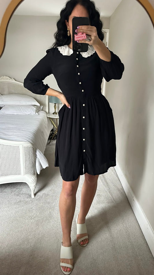 Joanie black white collared dress small UK 8 vgc