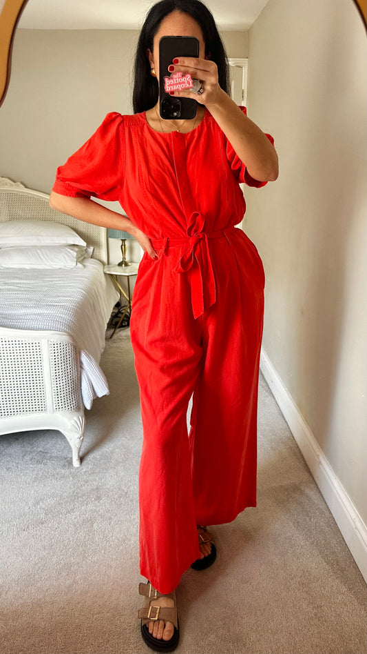Oliver Bonas coral orange jumpsuit playsuit medium linen blend UK 12 vgc