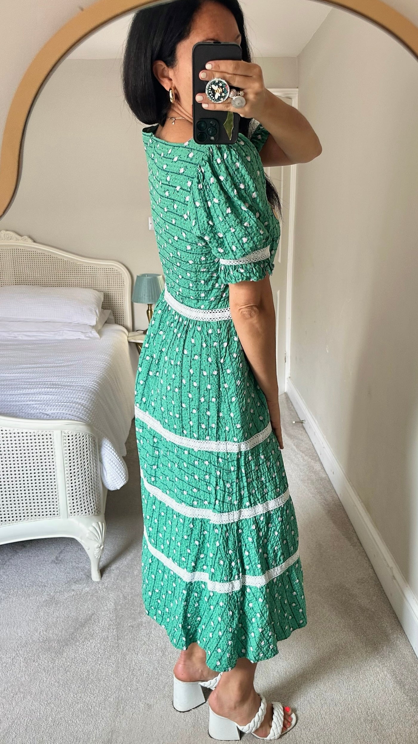 Oliver bonas green pink petal tiered midaxi long dress medium UK 14 vgc