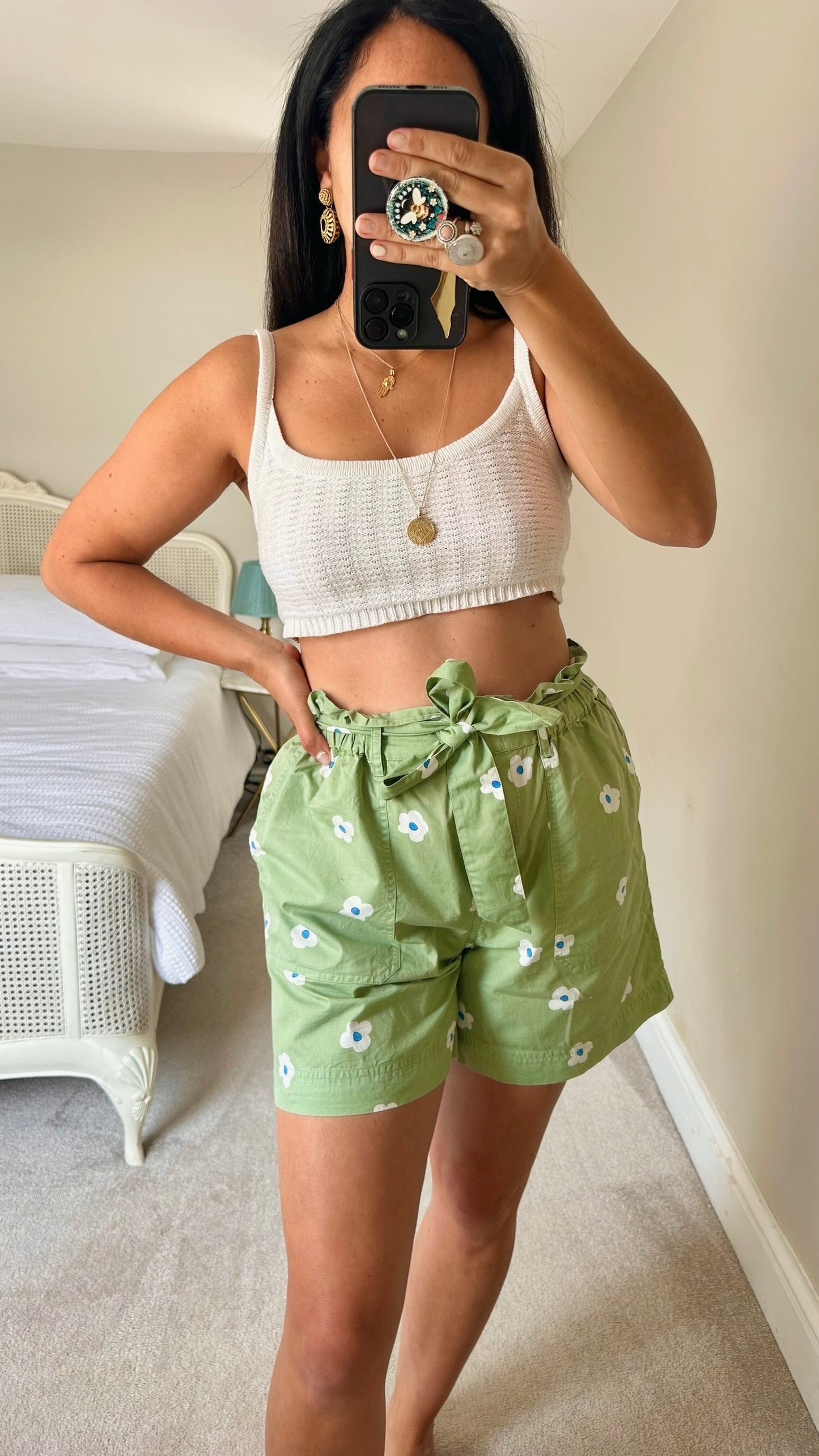 La Redoute olive green daisy print paper bag shorts medium UK 12-14 vgc