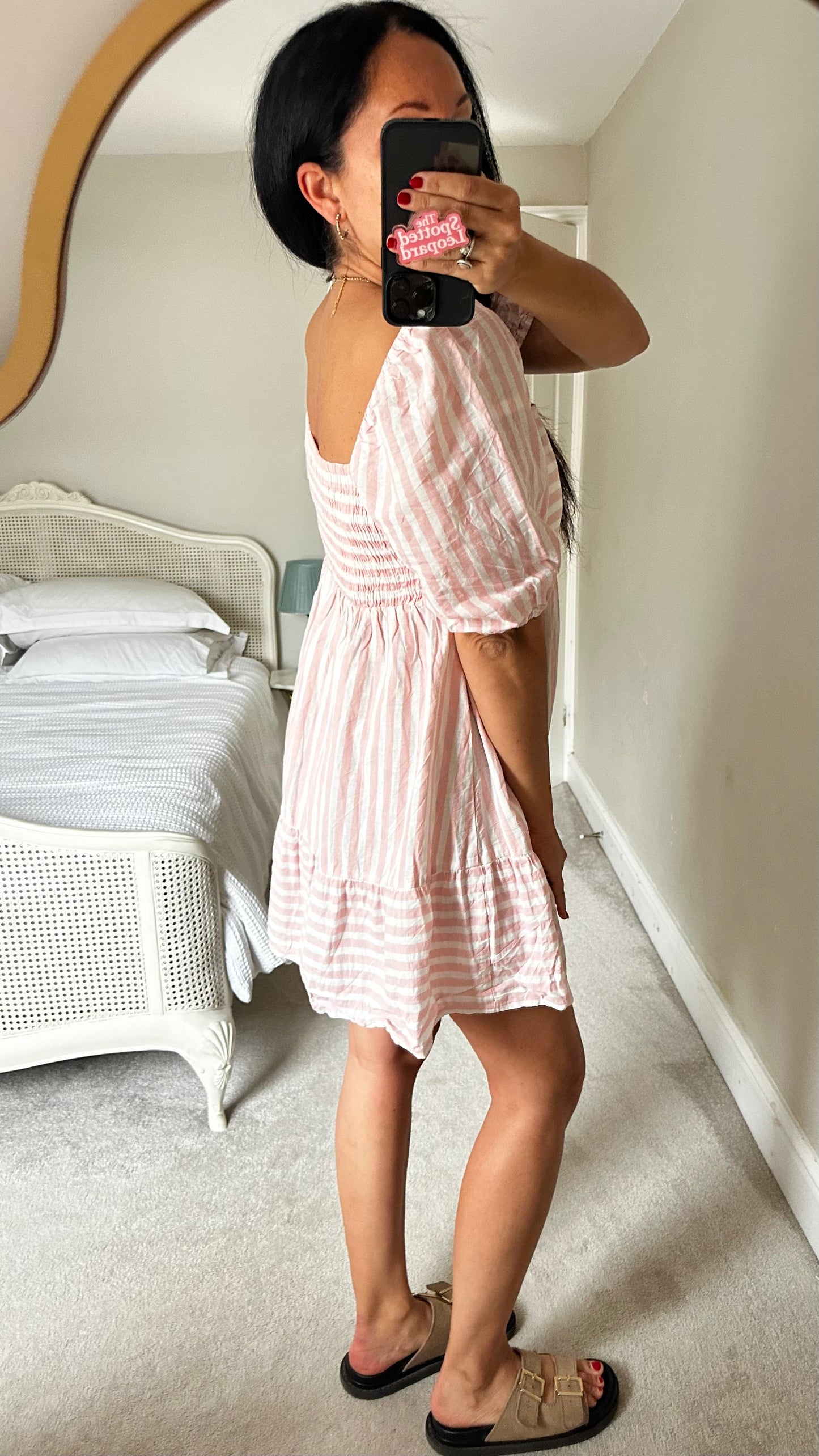 Nobody’s Child pink white stripe organic cotton holiday dress mini small UK 10 vgc
