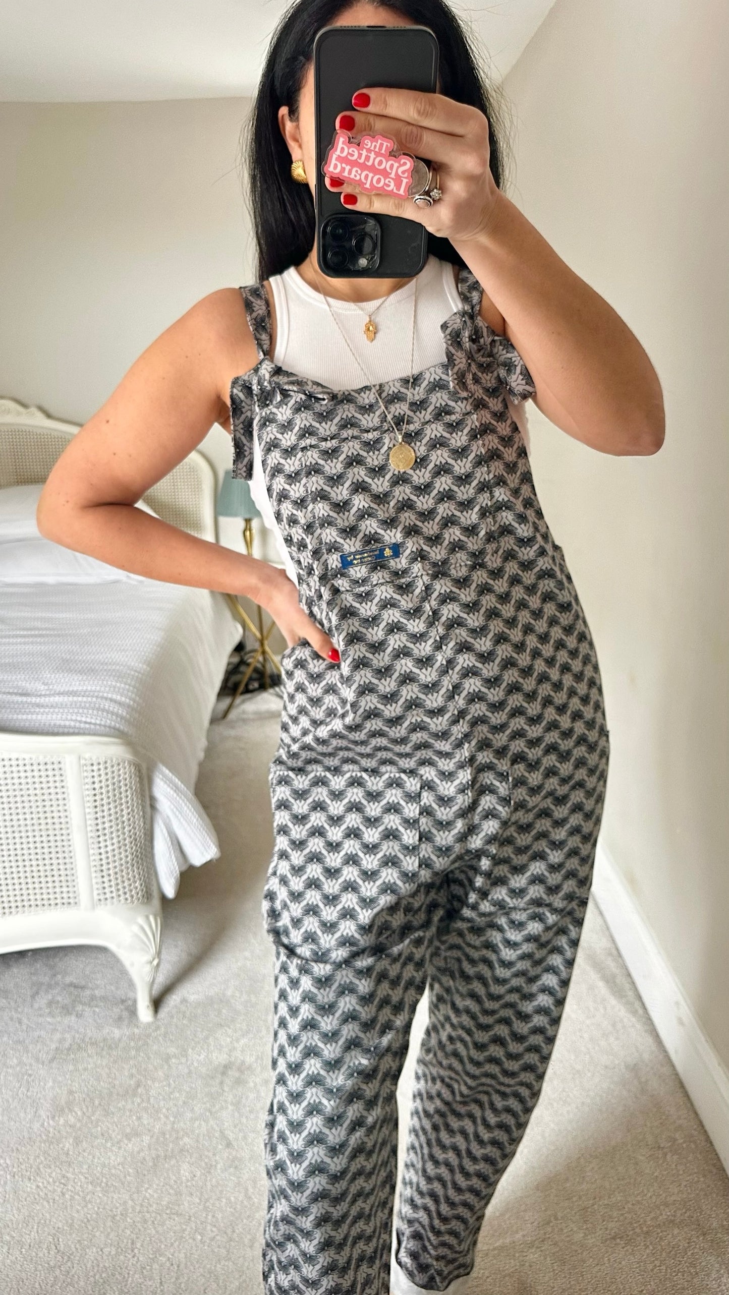 Handmade @ Cotton imp cream black moth butterfly print dungarees UK 12-14 vgc
