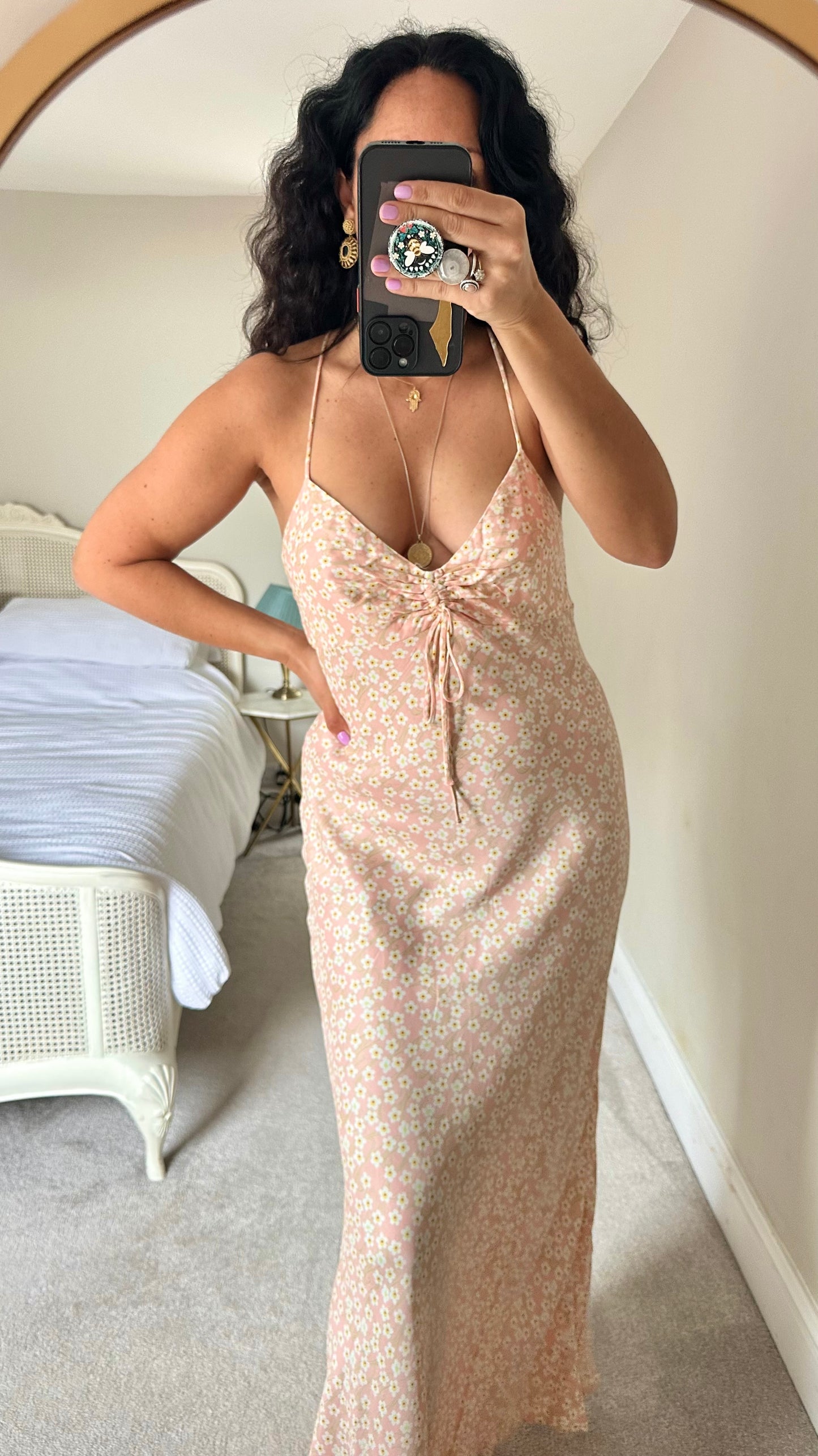 Zara rose pink cream daisy print backless maxi boho dress large UK 12 14 vgc