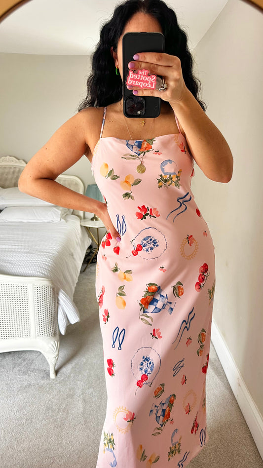 Abercrombie & Fitch pink rose fish print Italian midi long dress small UK 10 vgc holiday