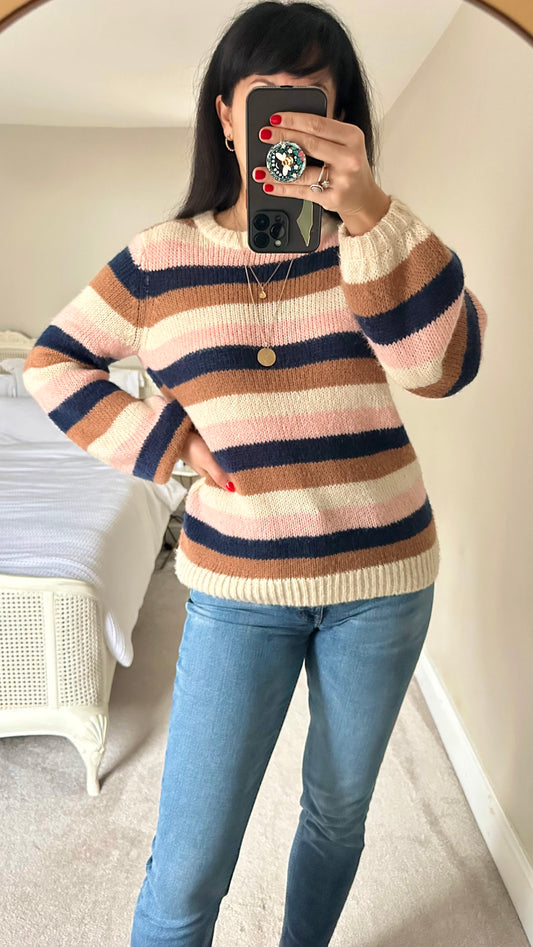 Warehouse brown pink cream stripe mohair blend knitted jumper medium UK 10 vgc