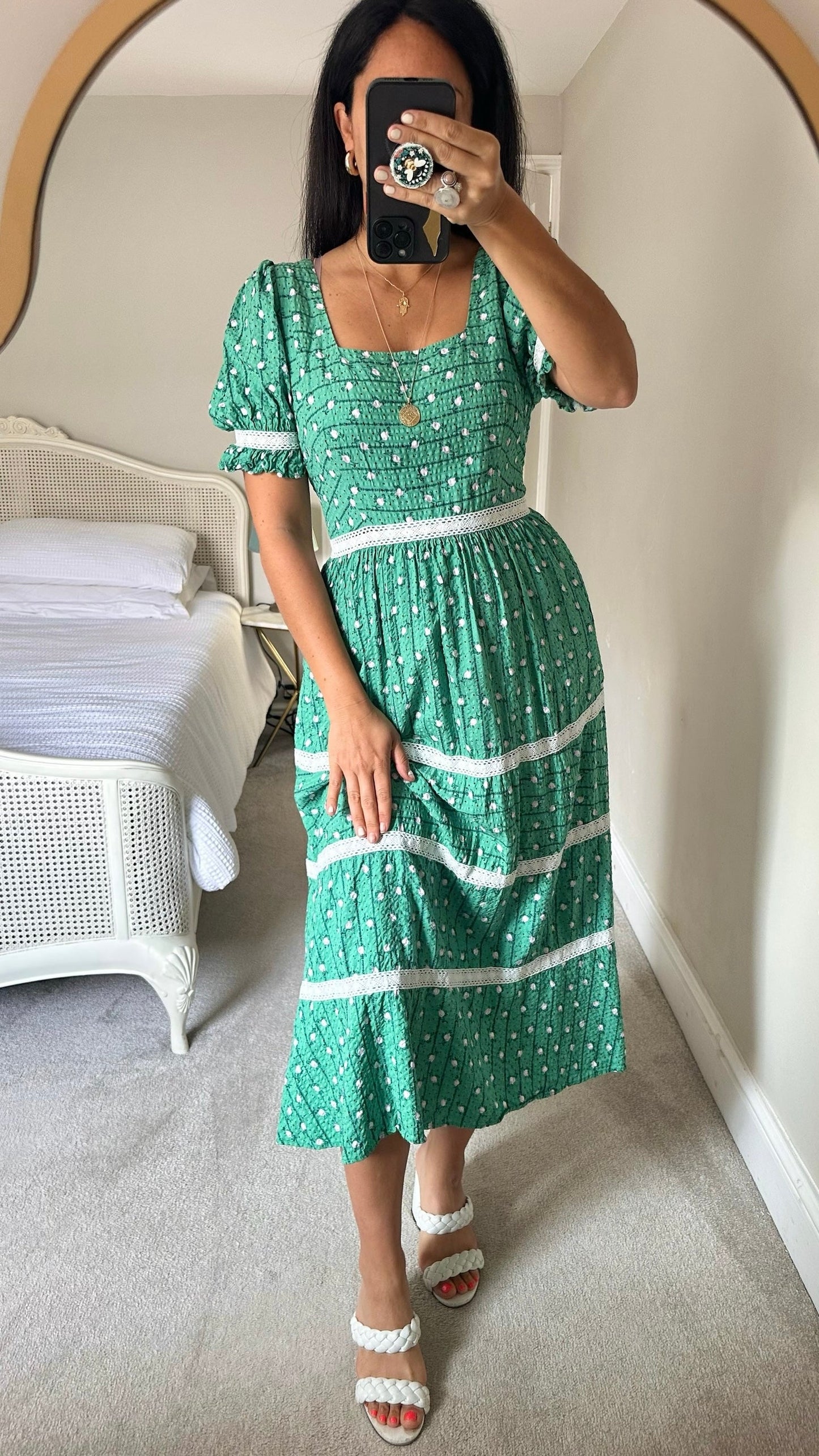 Oliver bonas green pink petal tiered midaxi long dress medium UK 14 vgc