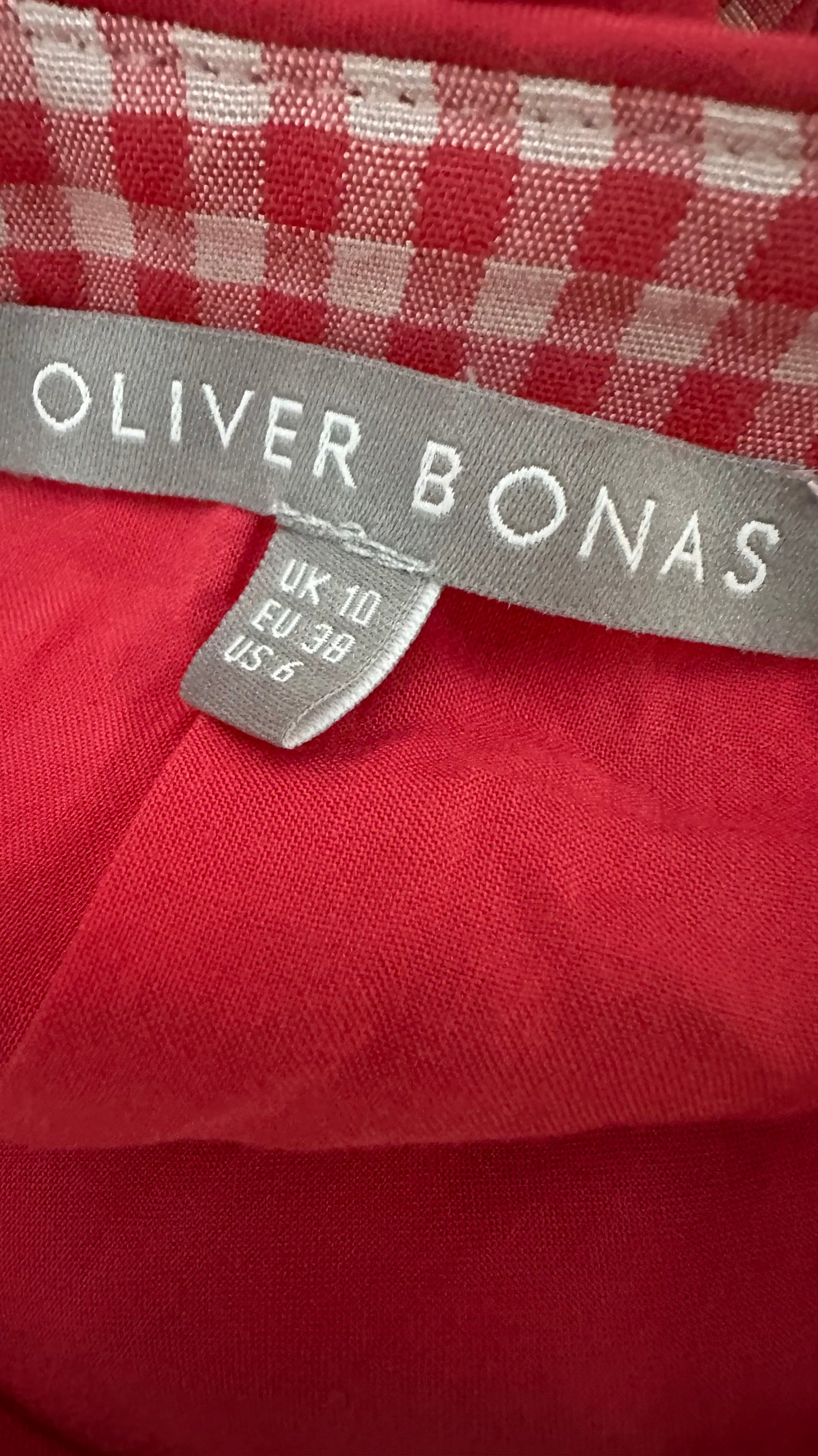 Oliver Bonas red white gingham check waistcoat top button up small medium UK 10 vgc