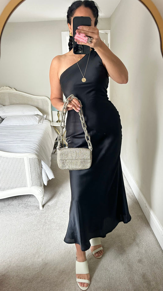 Omnes black one shoulder midi long dress small UK 8 vgc event