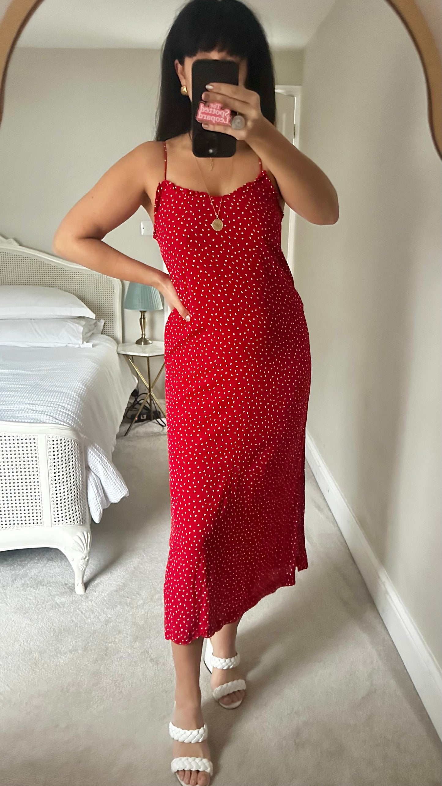 Seen Worn Kept @ Anthropologie red white polka dot side split slip maxi midi dress medium UK 10 12 vgc