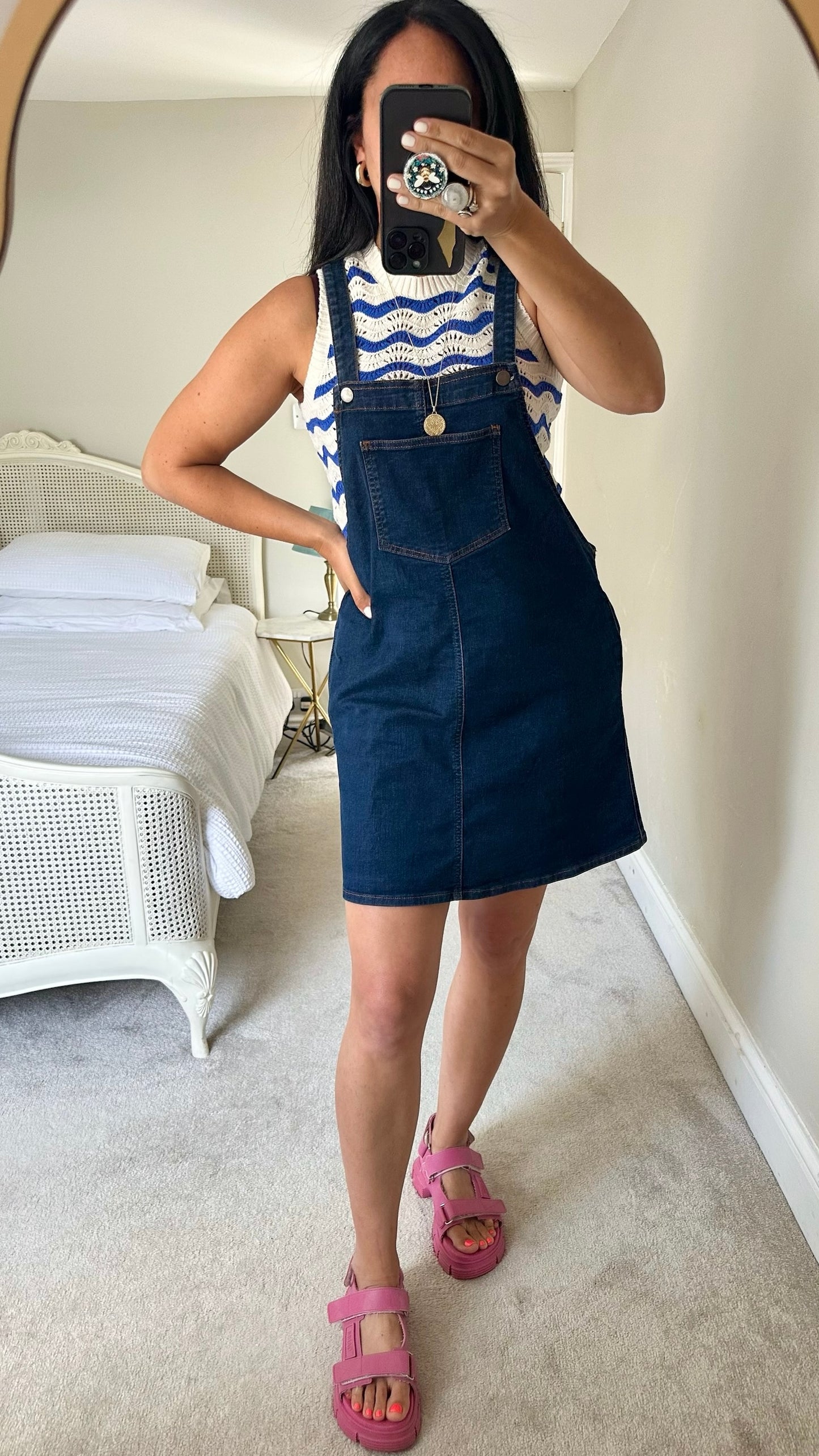 La Redoute navy blue denim dungaree mini dress large L UK 12 vgc