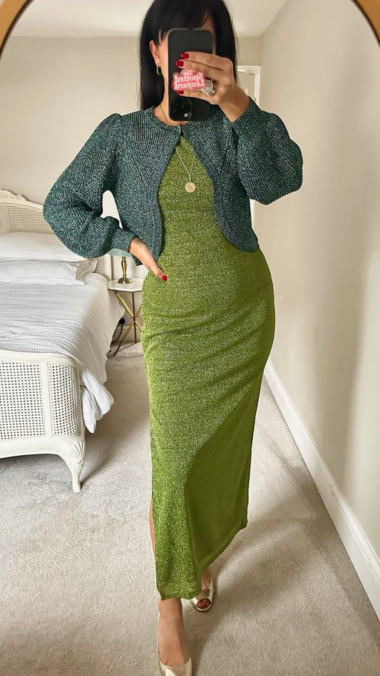 Oliver bonas green shimmer glitter bolero cardigan medium M UK 10 excellent used condition XMS25