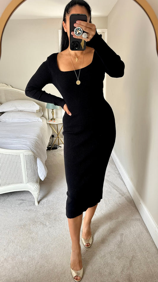 Nobody’s Child black ribbed knitted midi jumper dress large UK 12 vgc w25