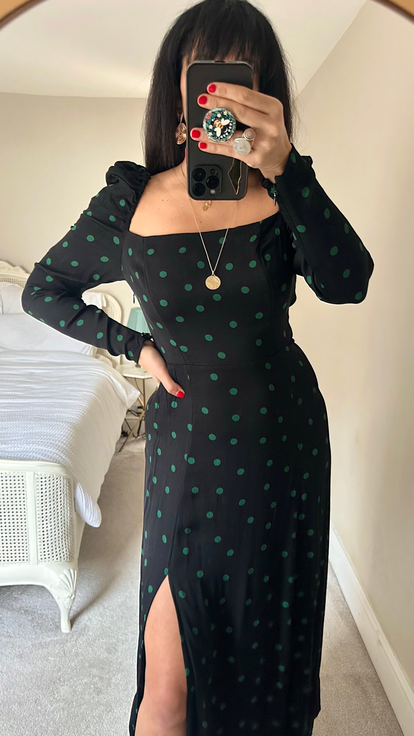 & other stories black green polka dot side split midi maxi dress medium large UK 10 12 vgc