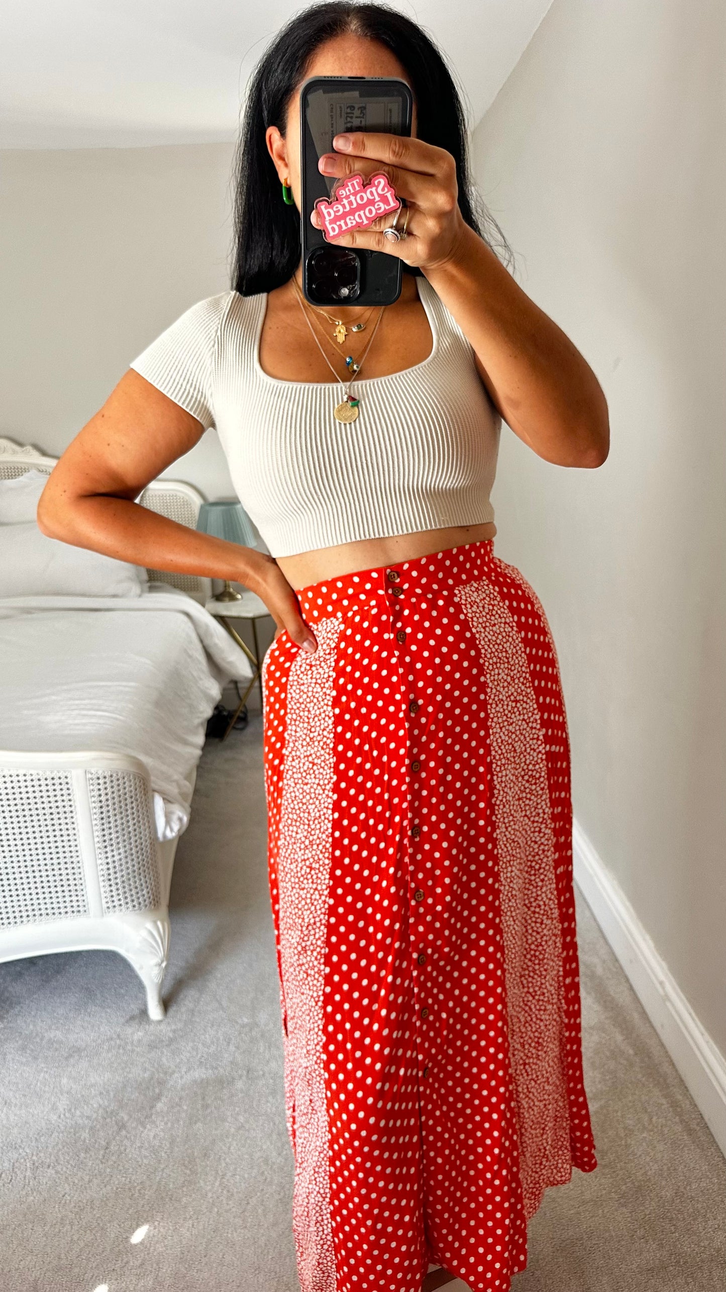 YAS coral white floral polka dot button up midi skirt small UK 8 vgc