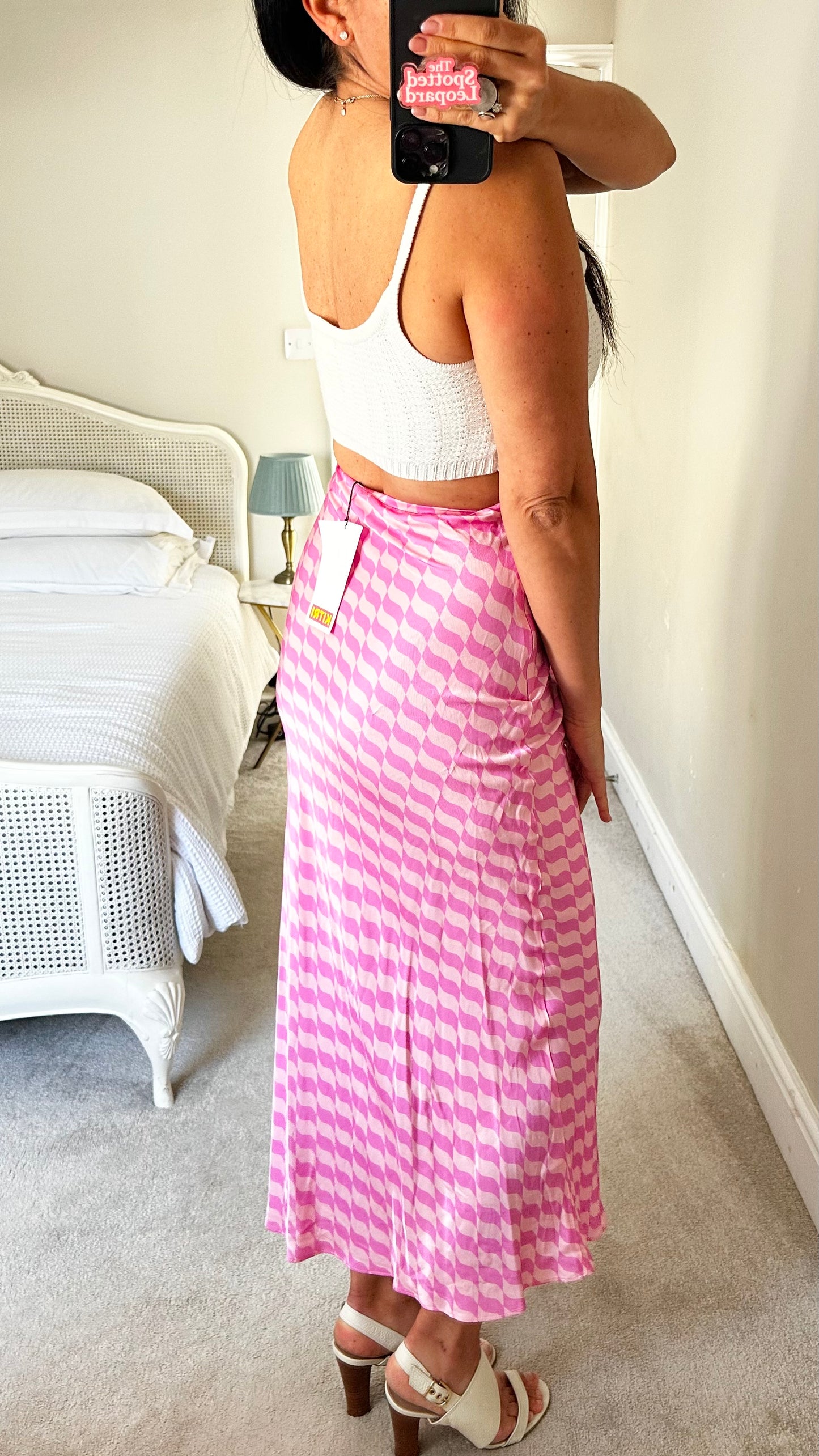 Kitri rose pink gingham check midi satin skirt small UK 8 new bnwt