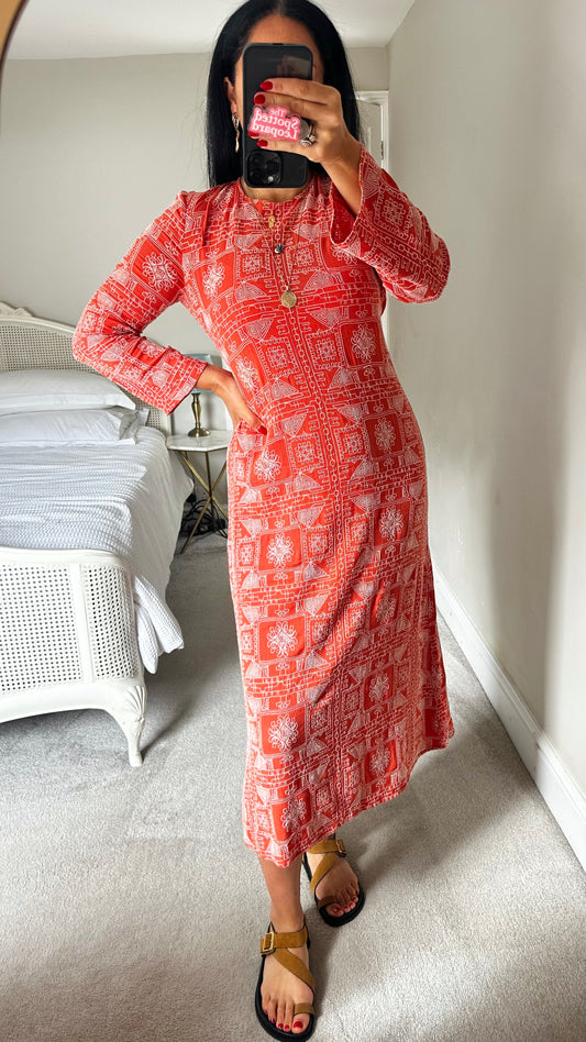 Zara coral orange embroidered midi long backless dress small UK 8-10 vgc tunic