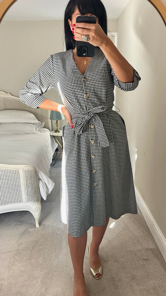 Mango black white gingham check button up shift dress UK 10 vgc