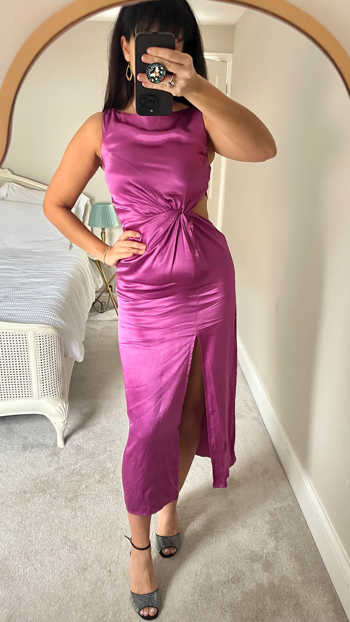 Zara berry pink purple satin feel side split midi dress party event extra large UK 14 vgc