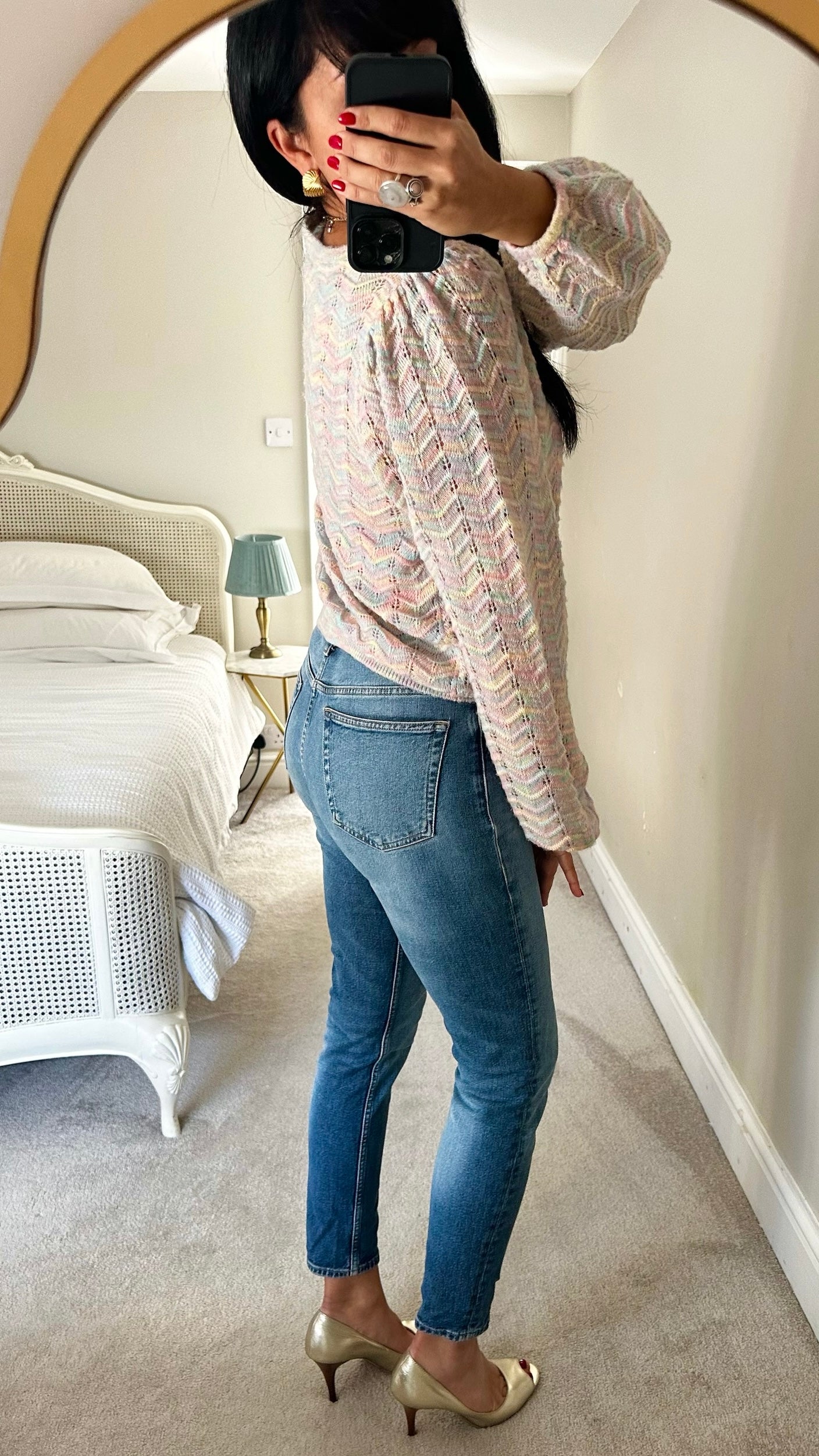 Oliver bonas rainbow multi colour crochet knitted jumper medium UK 10 vgc
