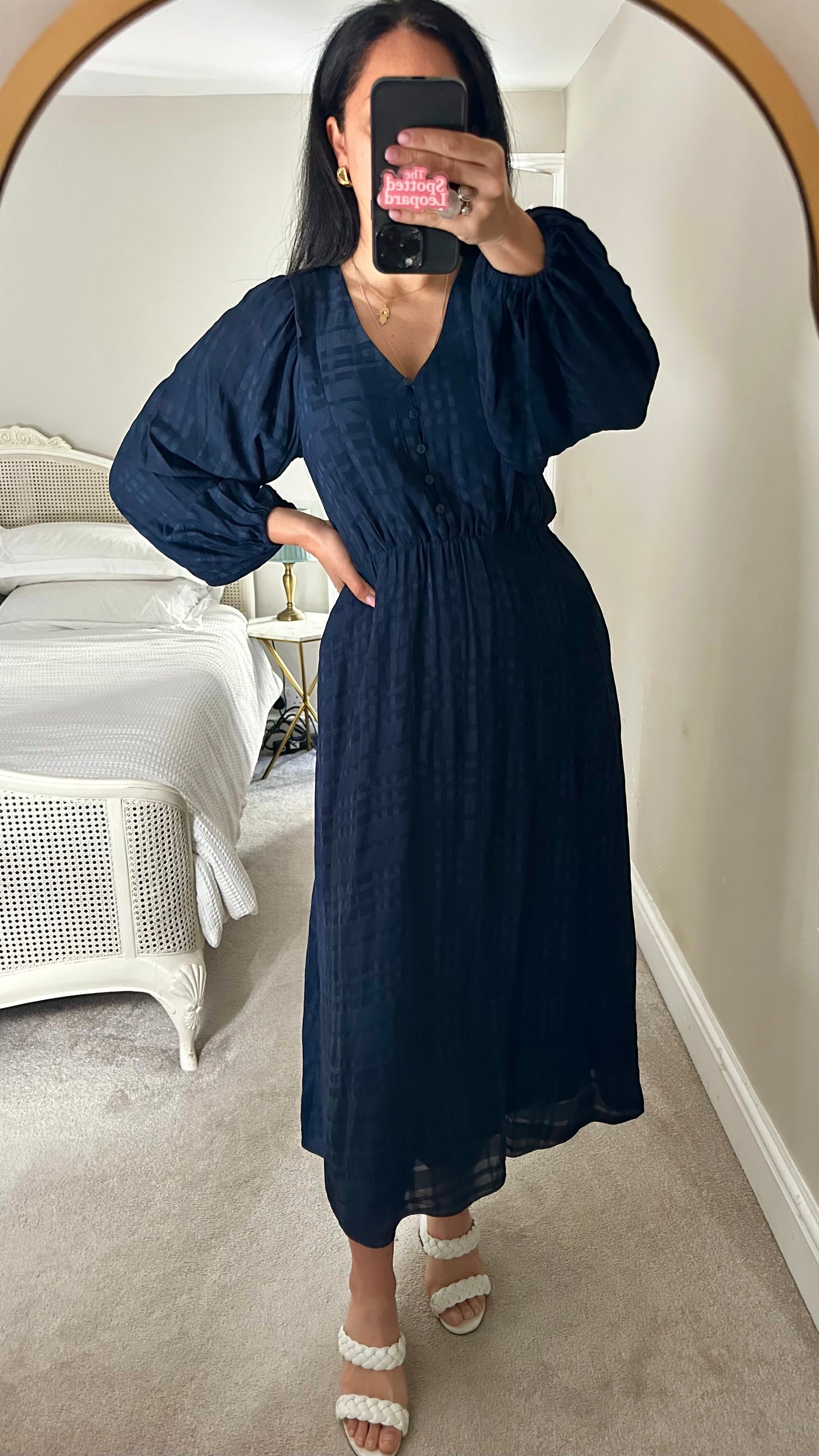 Oliver Bonas navy blue gingham check midi dress small UK 8 vgc