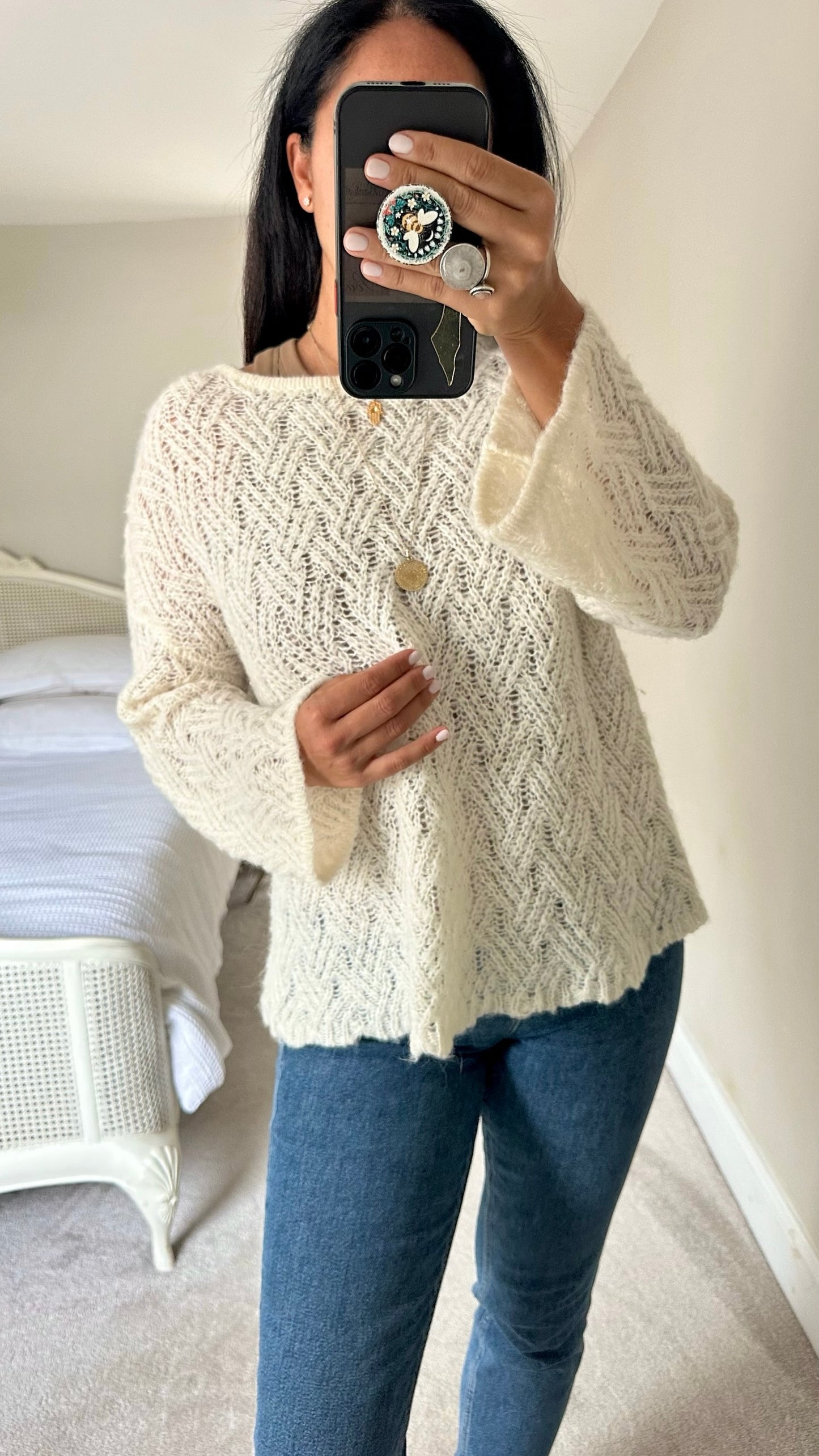 Numph @ Anthropologie white cream crochet knitted jumper medium UK 10 vgc w25