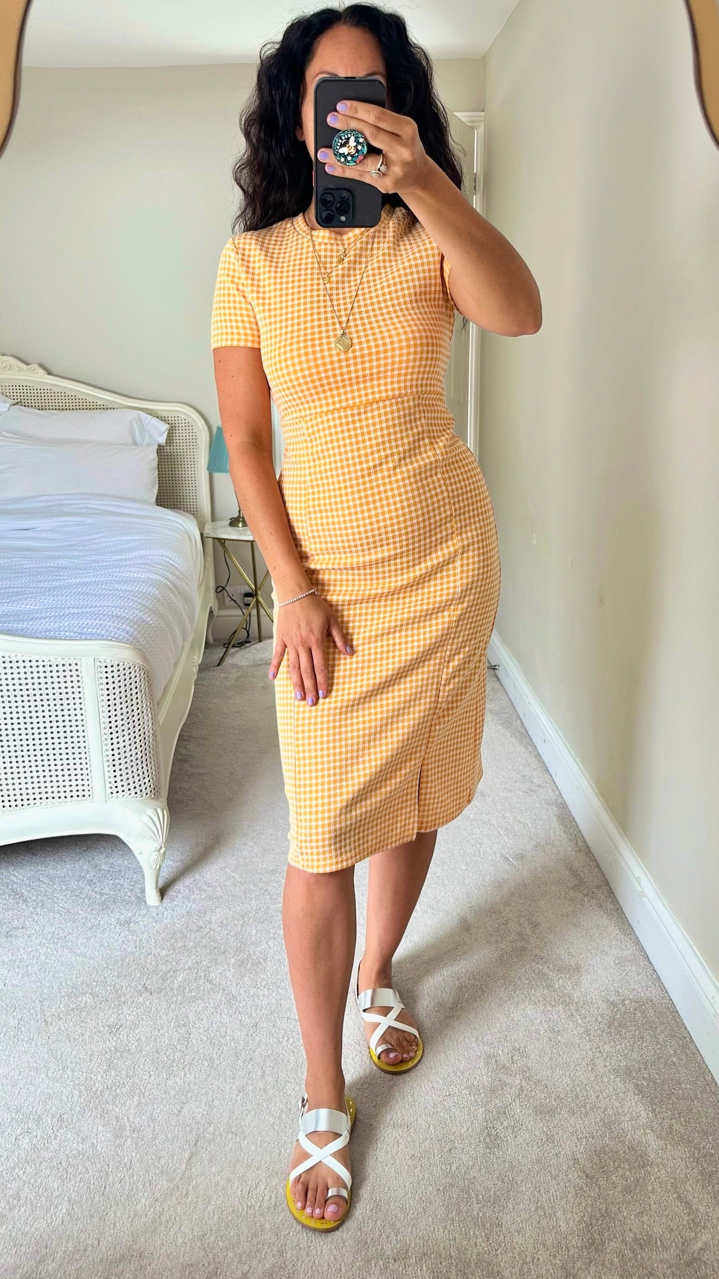 Zara yellow orange gingham T-shirt bodycon midi dress medium M UK 12