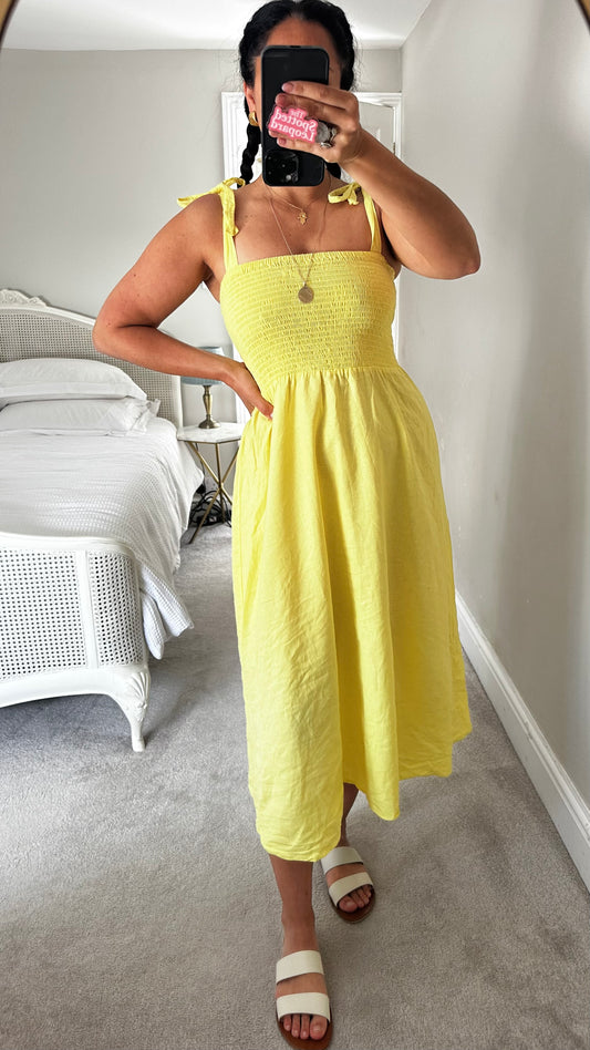 Feather & Bone @ Anthropologie yellow linen blend midi long holiday dress medium UK 12 14 vgc