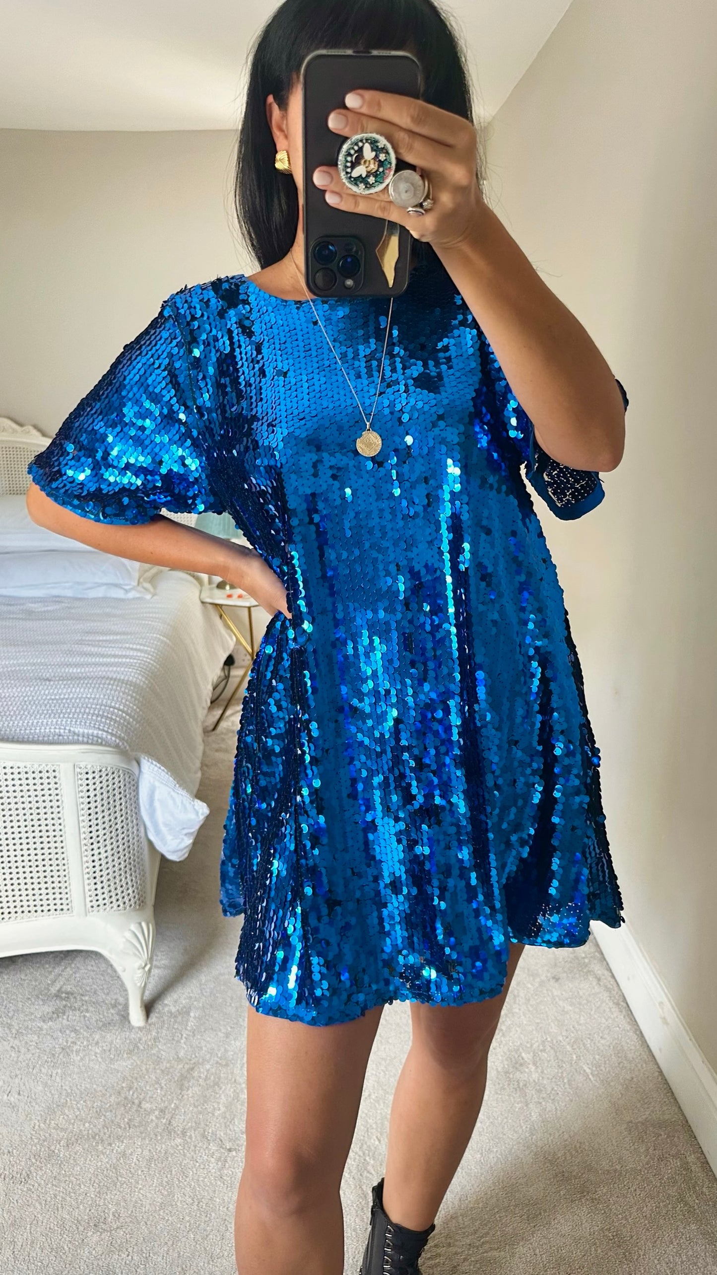 Anthropologie cobalt blue sequin event party mini dress large UK 12 vgc w25
