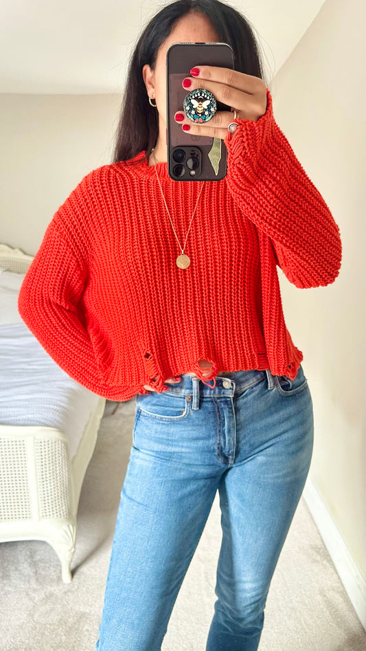 Zara red knitted cotton blend lightweight distressed look jumper small UK 10 vgc