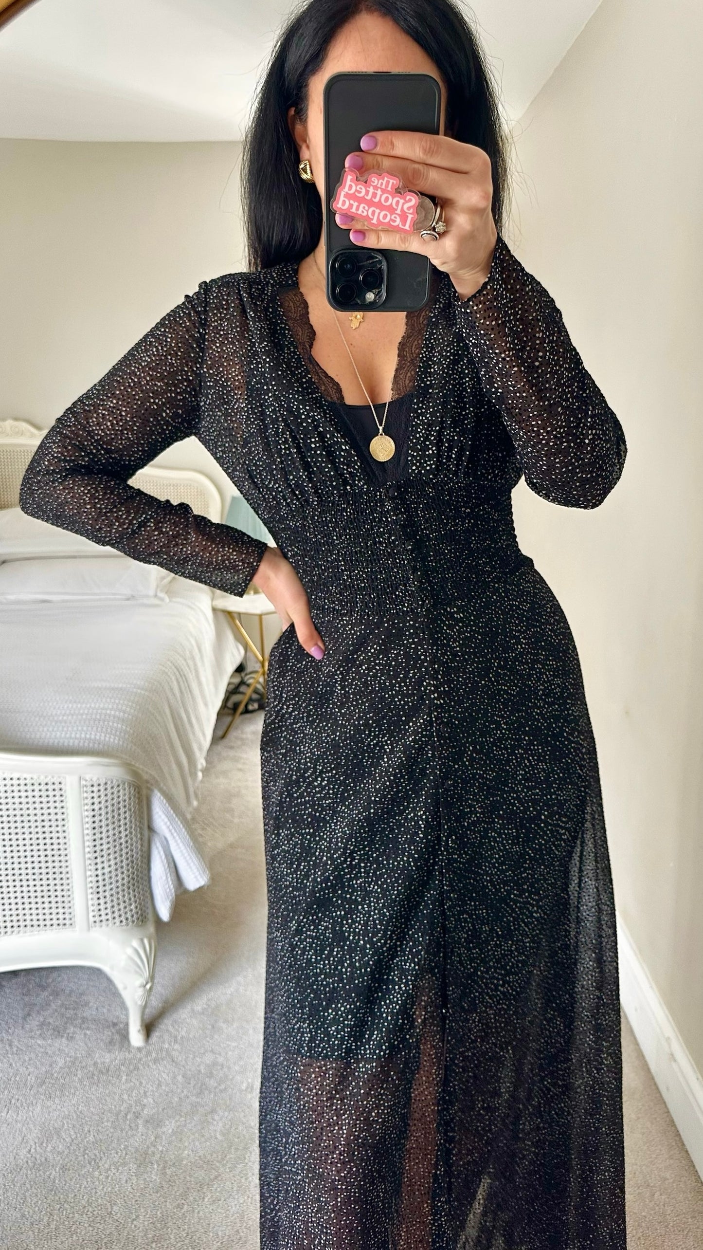 Maje black white polka dot shirt bust maxi event evening dress small UK 10 vgc