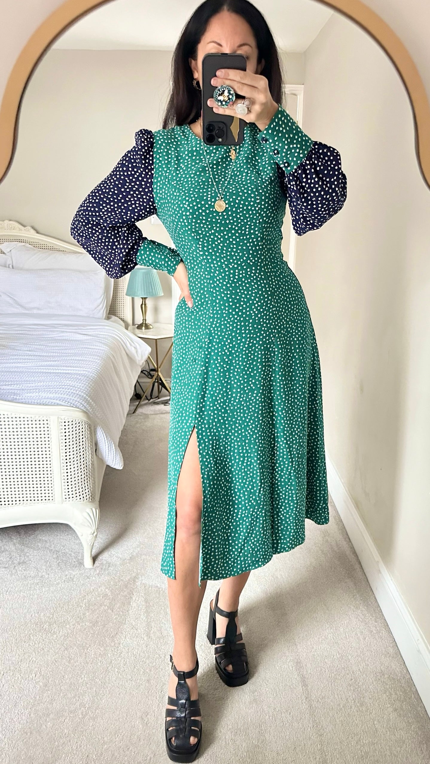 Kitri navy blue green polka dot double split midi dress small S UK 8 vgc