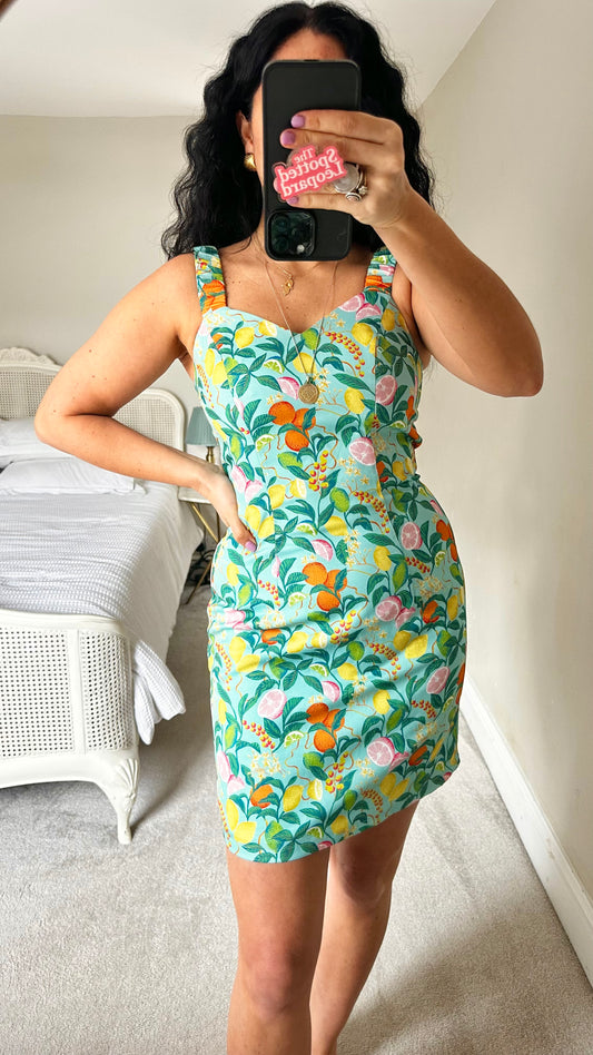 Chi Chi turquoise lemon orange fruit print mini dress small UK 10 new bnwot