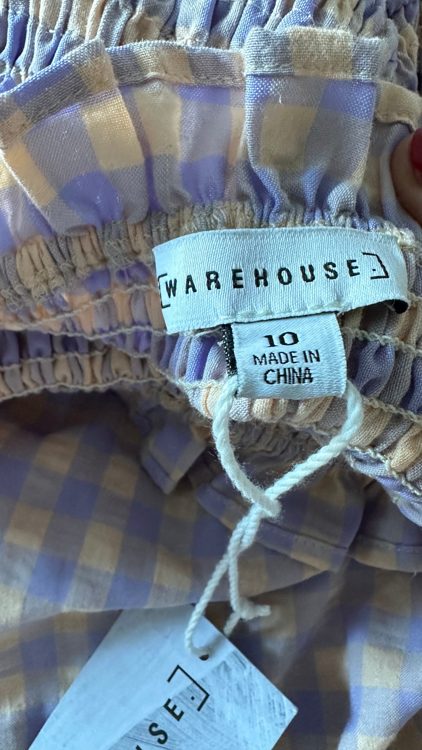 Warehouse lilac beige gingham check midi shirred dress small UK 10 new bnwt