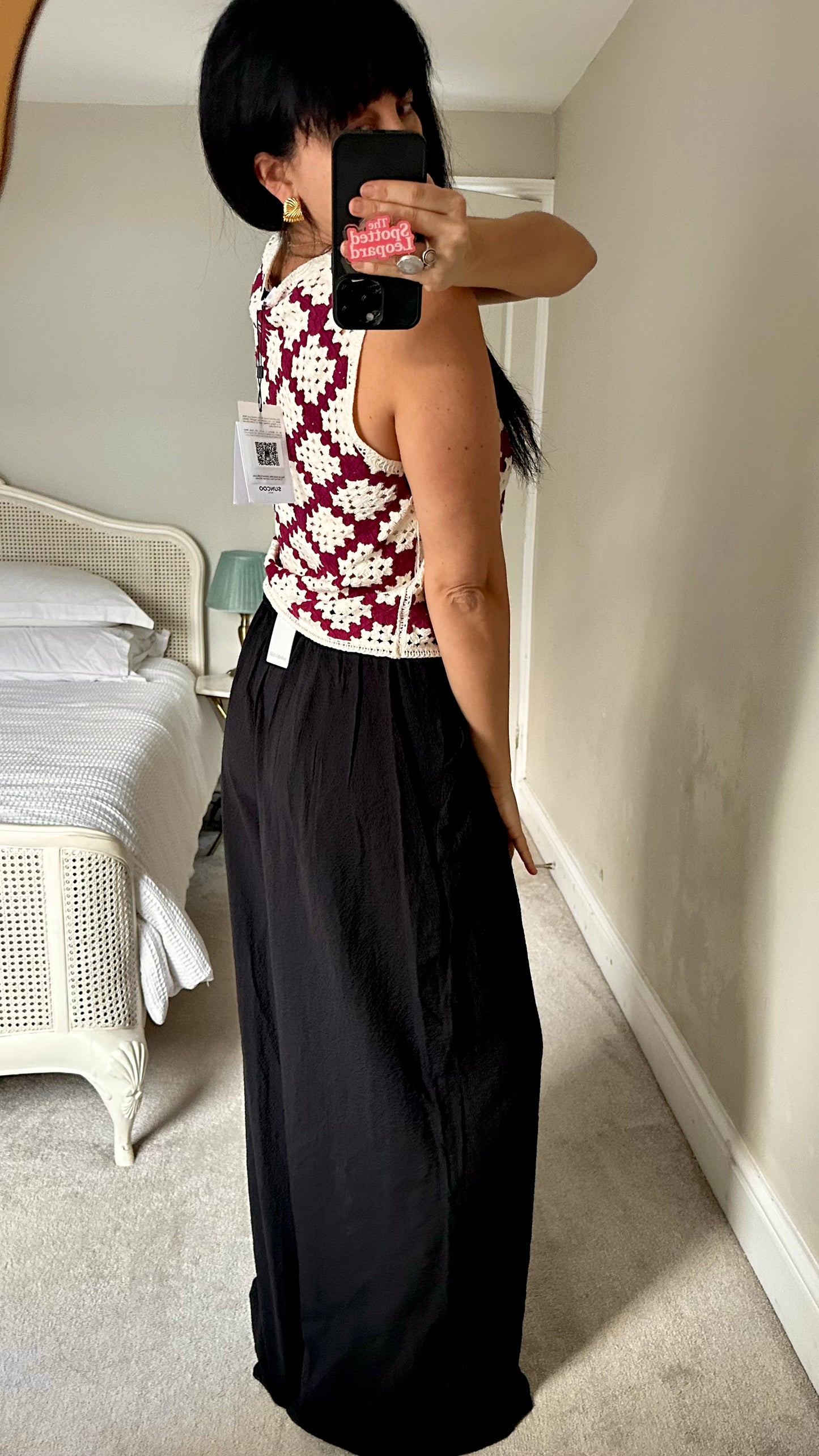 Suncoo burgundy cream check gingham crochet knitted tank top UK 10 new bnwt