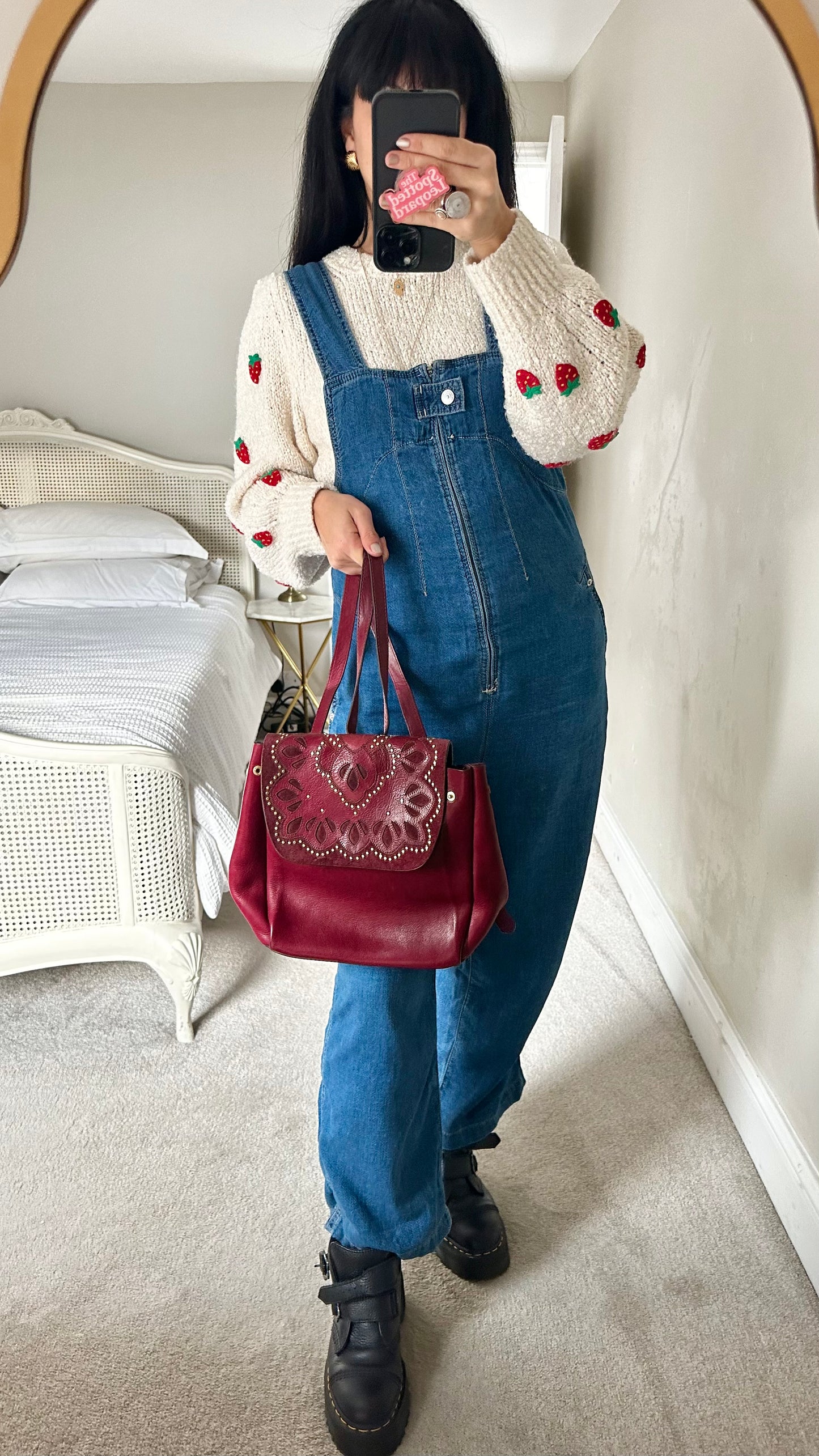 And/or John Lewis burgundy red real leather satchel handbag bag studded vgc