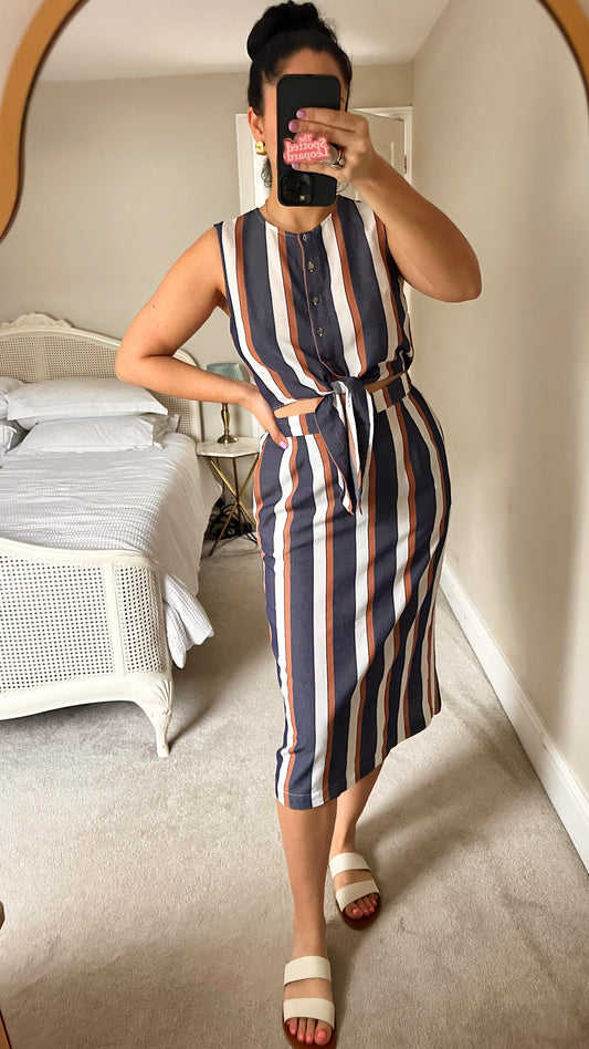 Warehouse navy blue brown stripe sun dress medium UK 10-12 vgc