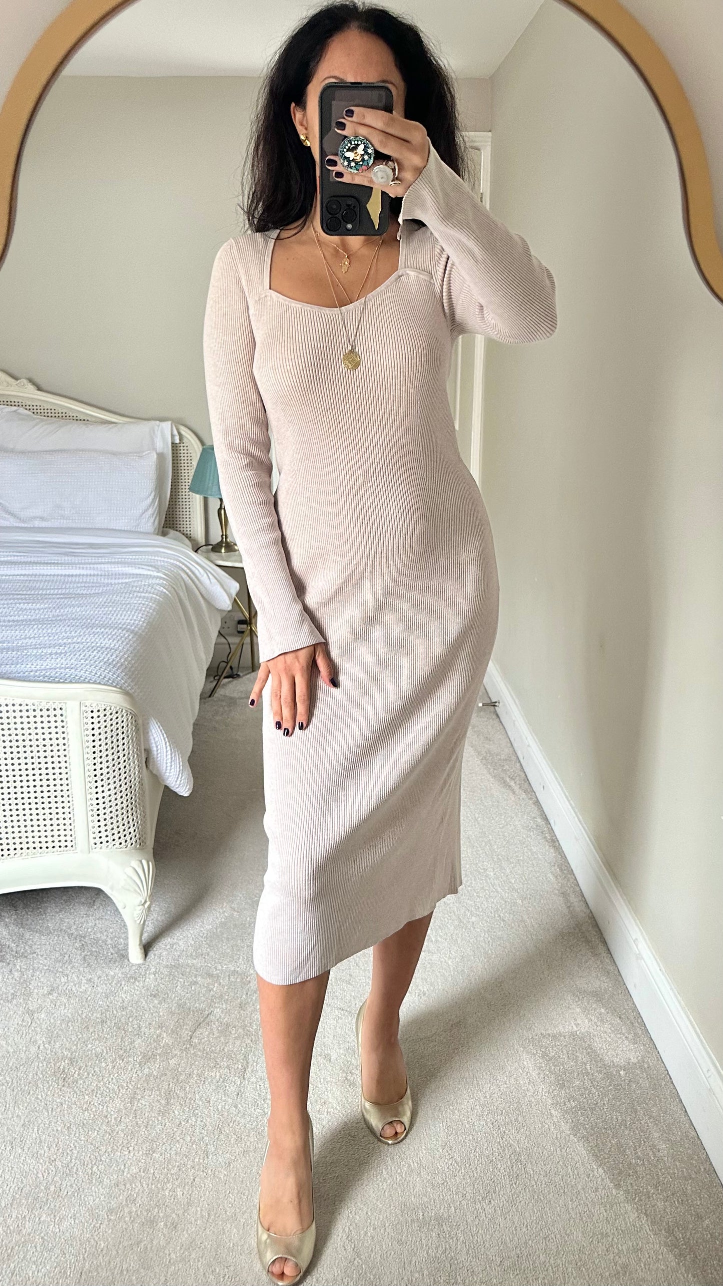 & other stories beige cream ribbed midi jumper dress knitted medium UK 12 vgc