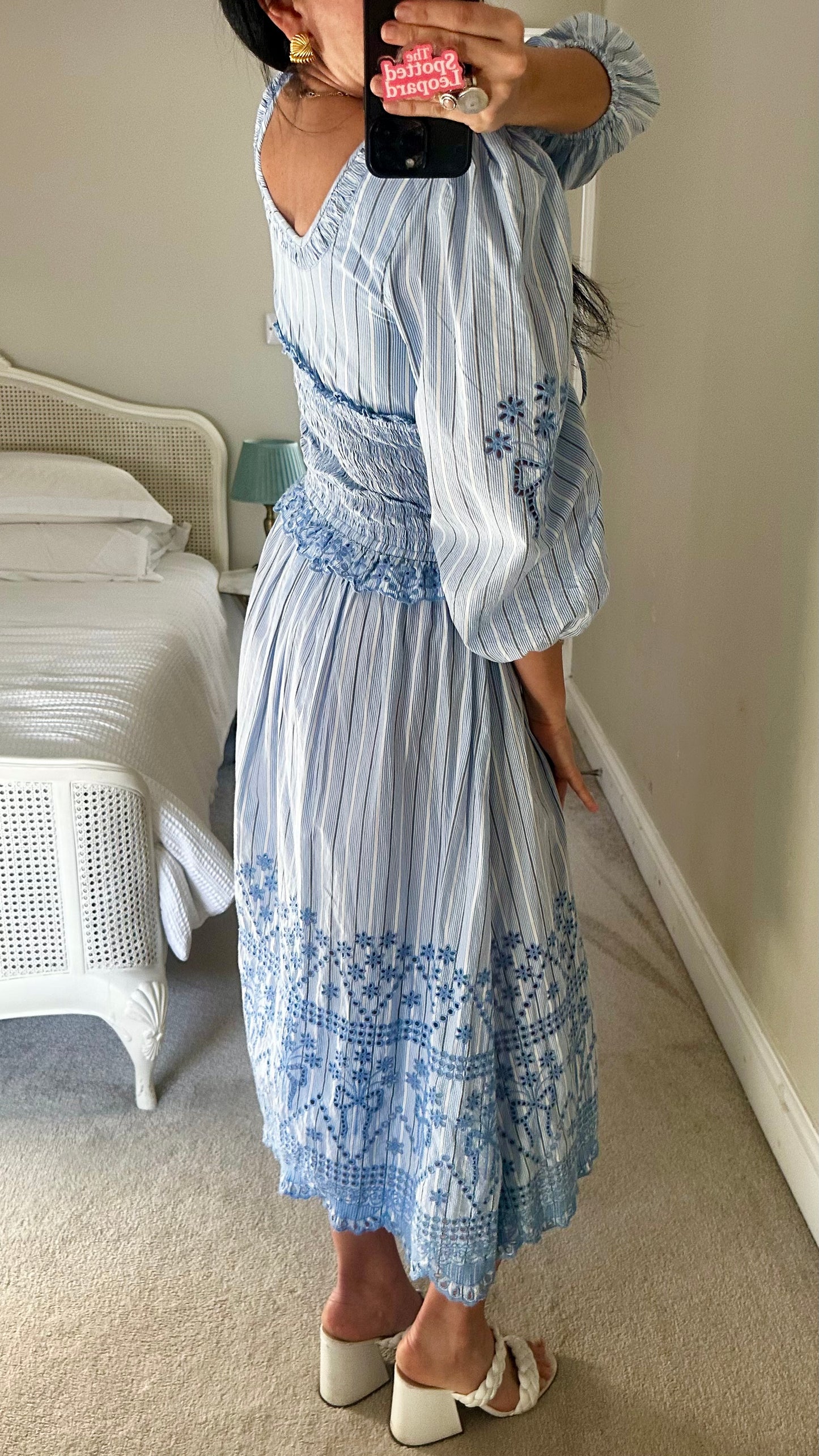 Damson Madder light blue white stripe organic cotton holiday dress midi long medium UK 10-12 vgc