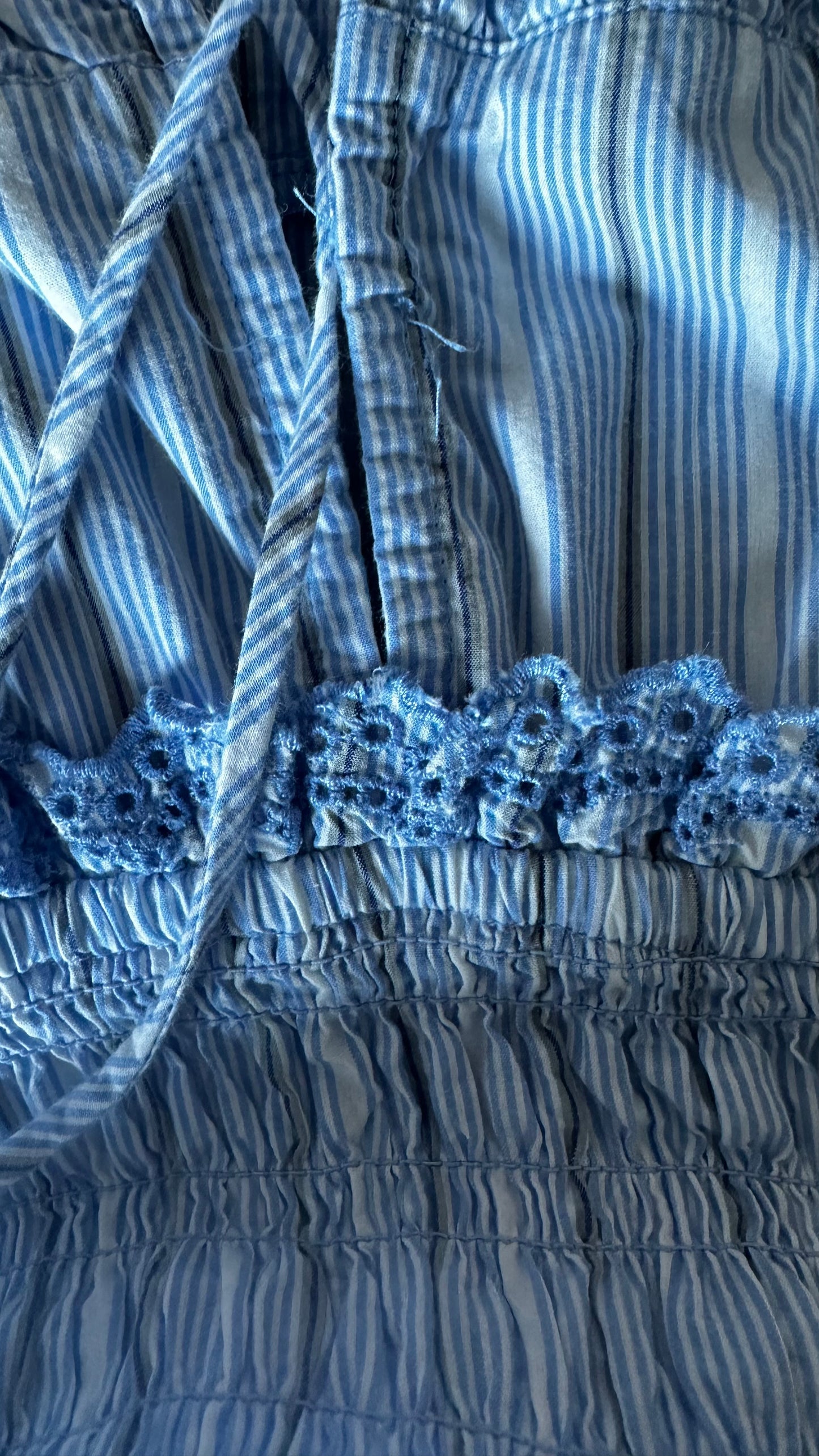 Damson Madder light blue white stripe organic cotton holiday dress midi long medium UK 10-12 vgc