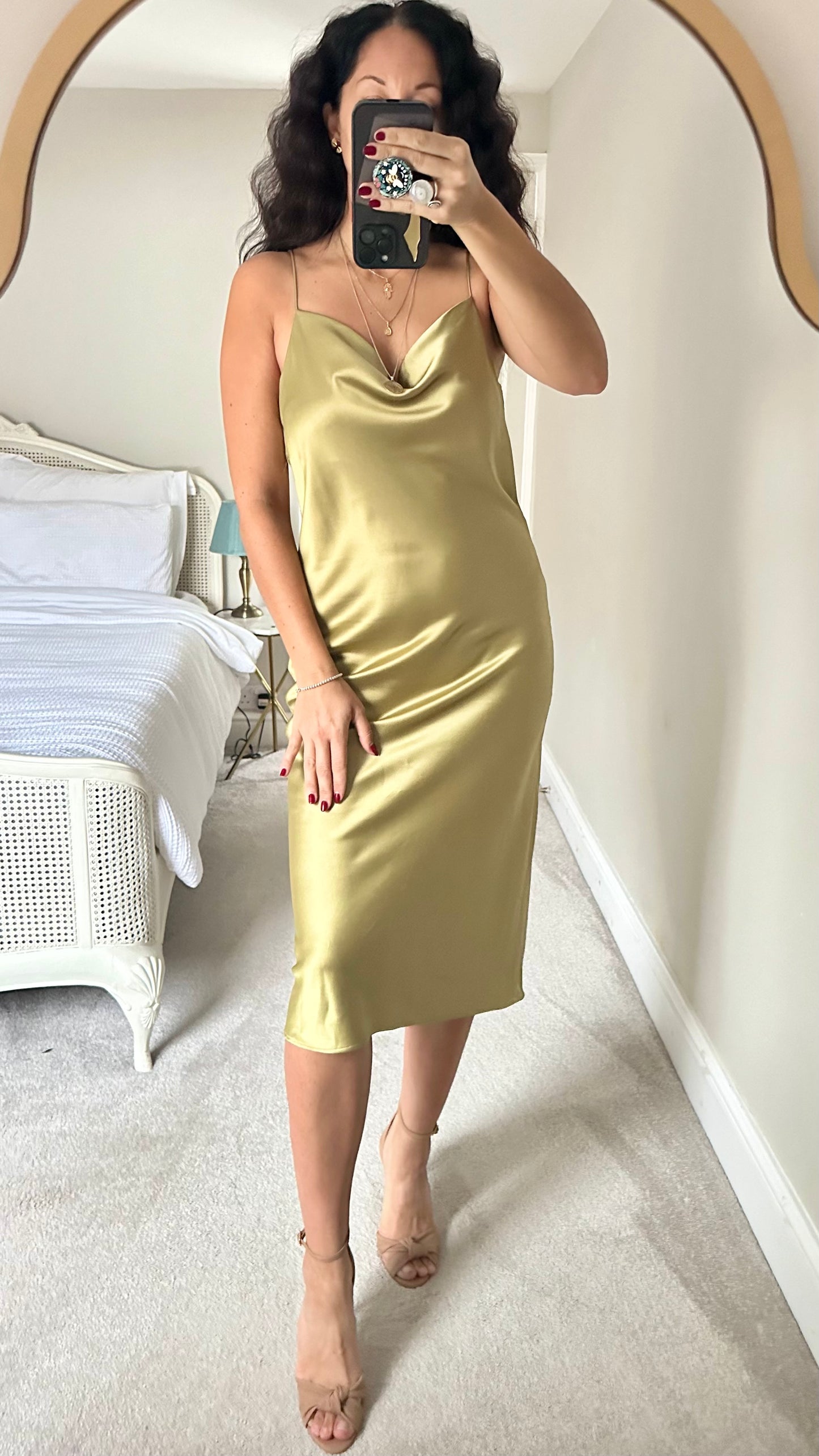 Topshop khaki gold slip dress event eveningwear party UK 12 petite vgc