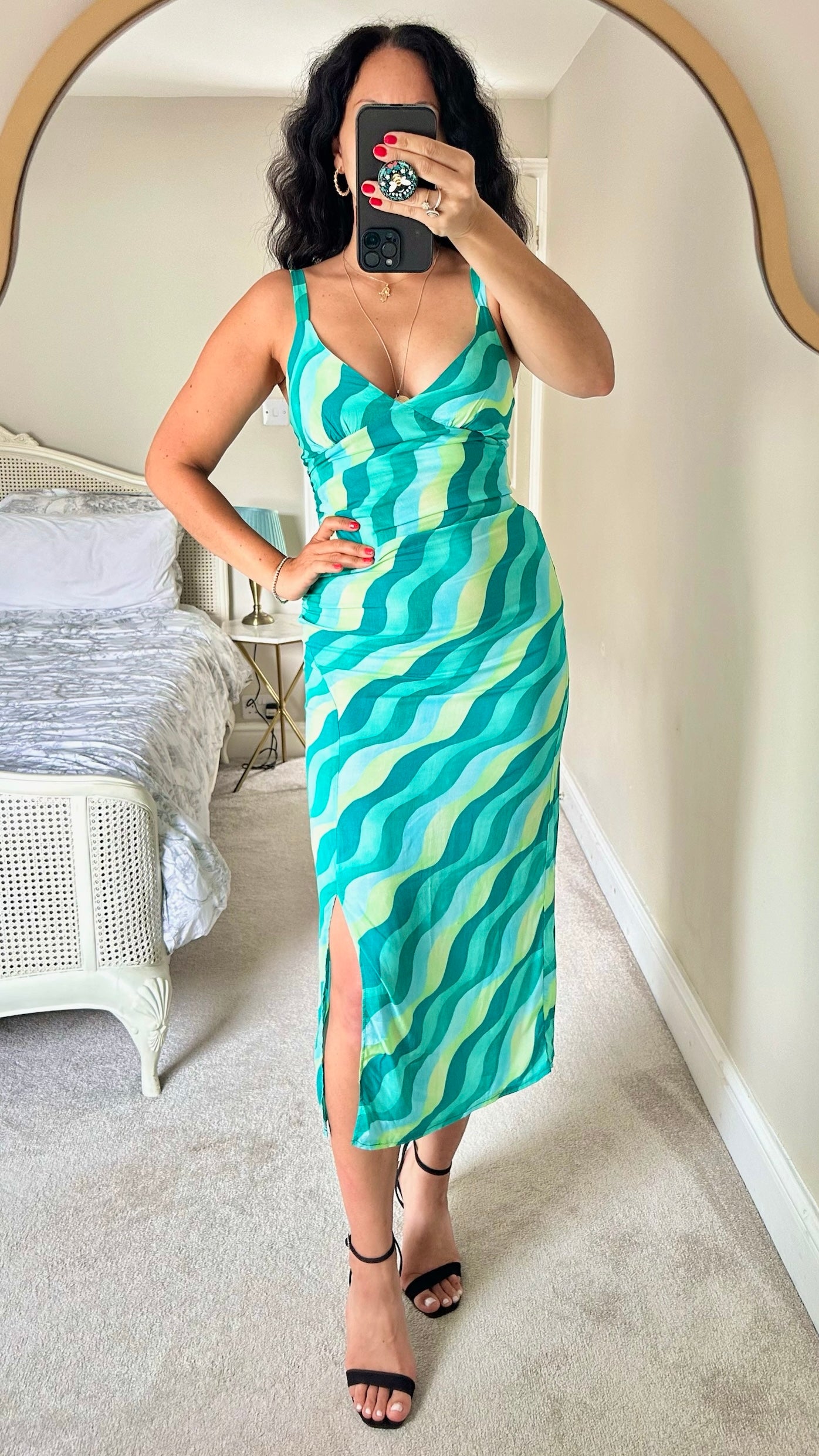 Zara green blue wave sidesplit midi dress holiday small S UK 8 vgc