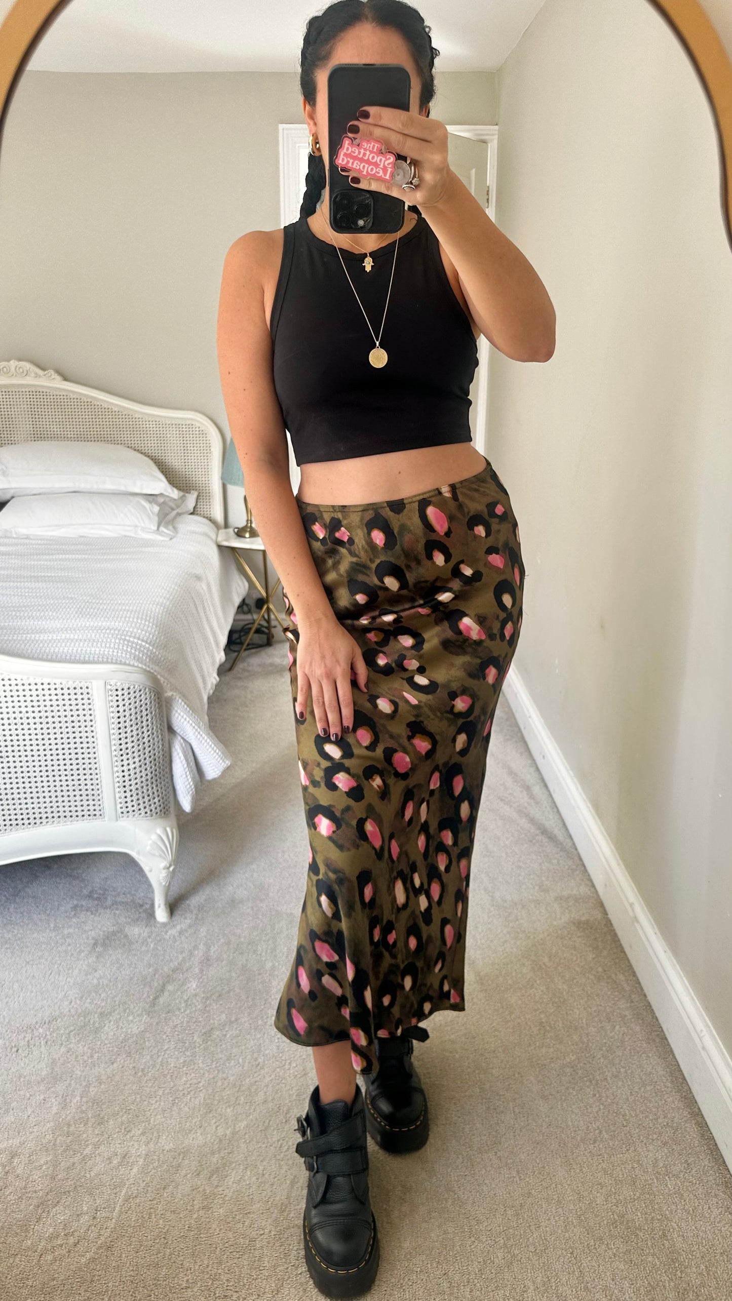 Topshop khaki green leopard animal print midi satin midi long maxi skirt extra large UK 14 vgc