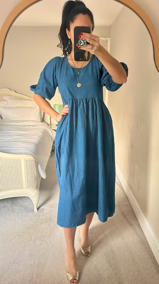 Albaray blue denim midi/maxi smock dress large L UK 12 vgc