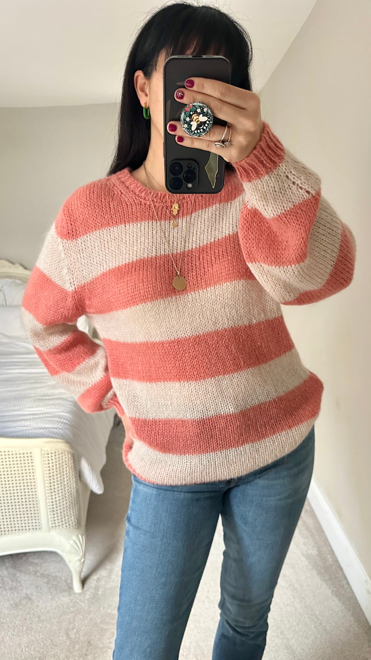 SPAKZ Copenhagen rose pink cream knitted stripe jumper mohair blend medium large UK 12