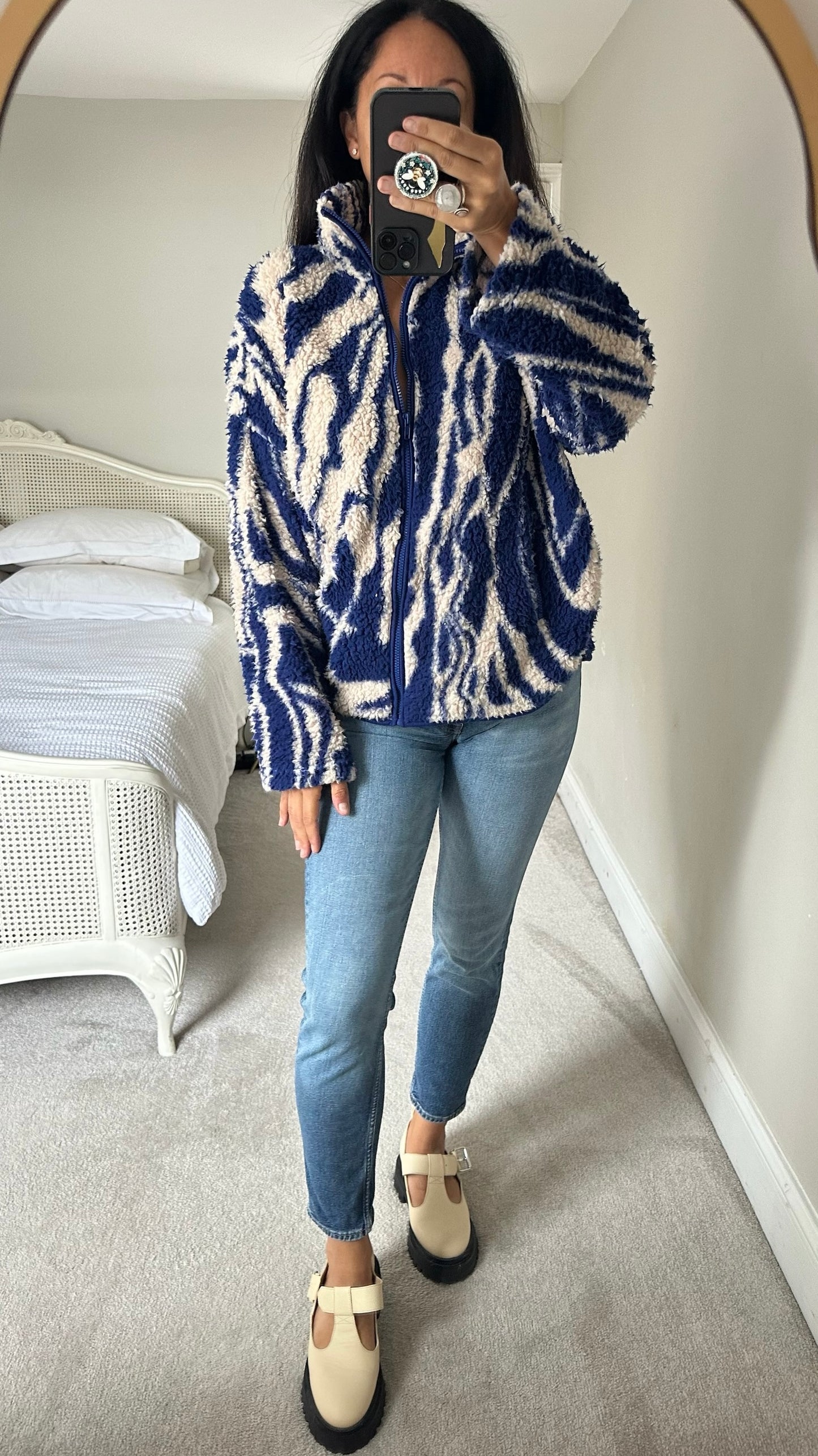 Monki blue white ice cream swirl fleece jacket M medium UK 10-12 good used condition W25