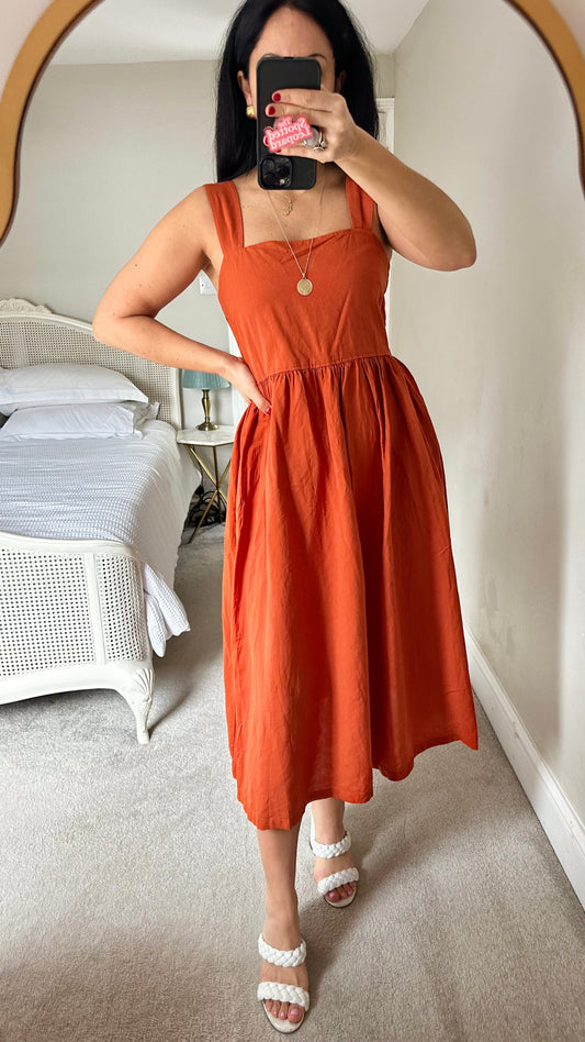 Uniqlo burnt orange linen blend midi long dress medium UK 12 vgc holiday