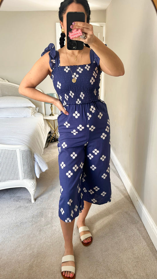 ASOS navy blue white floral jumpsuit playsuit small UK 8 vgc
