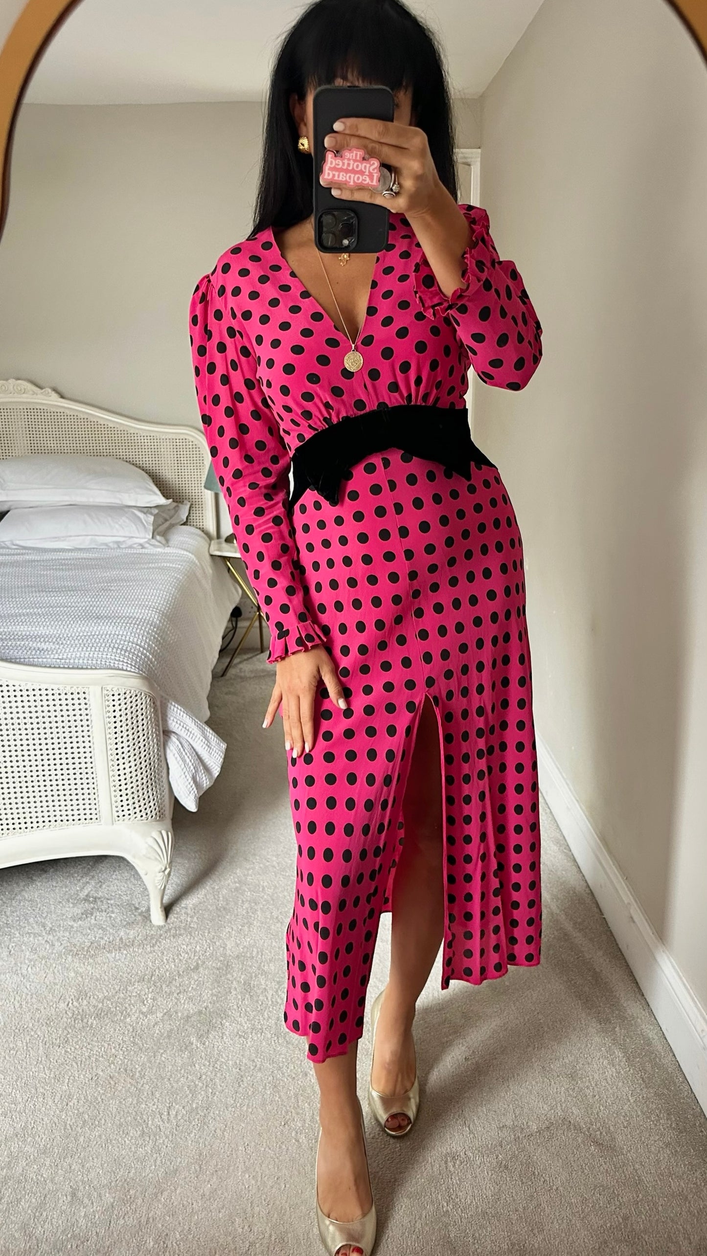 RIXO fuchsia pink black polka dot front split long event dress medium M UK 10 excellent used condition
